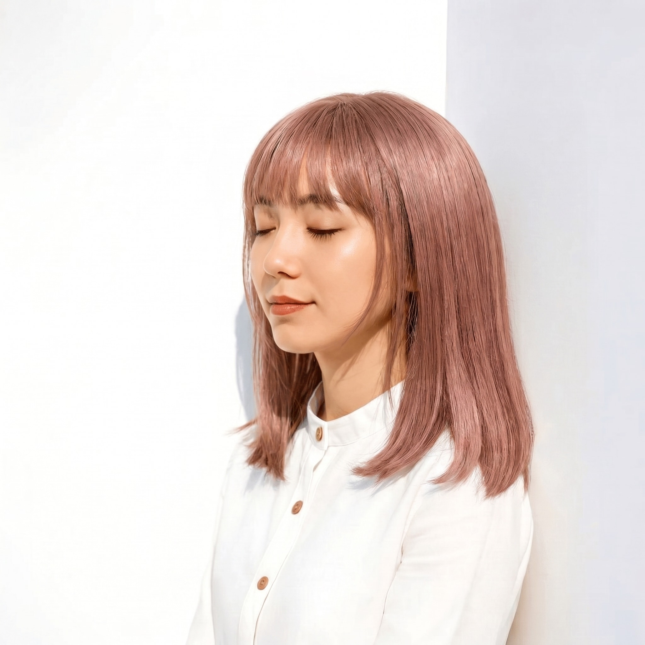 30. ピンクベージュ×ワンカラー: 青みローズでツヤが際立つ洗練スタイル