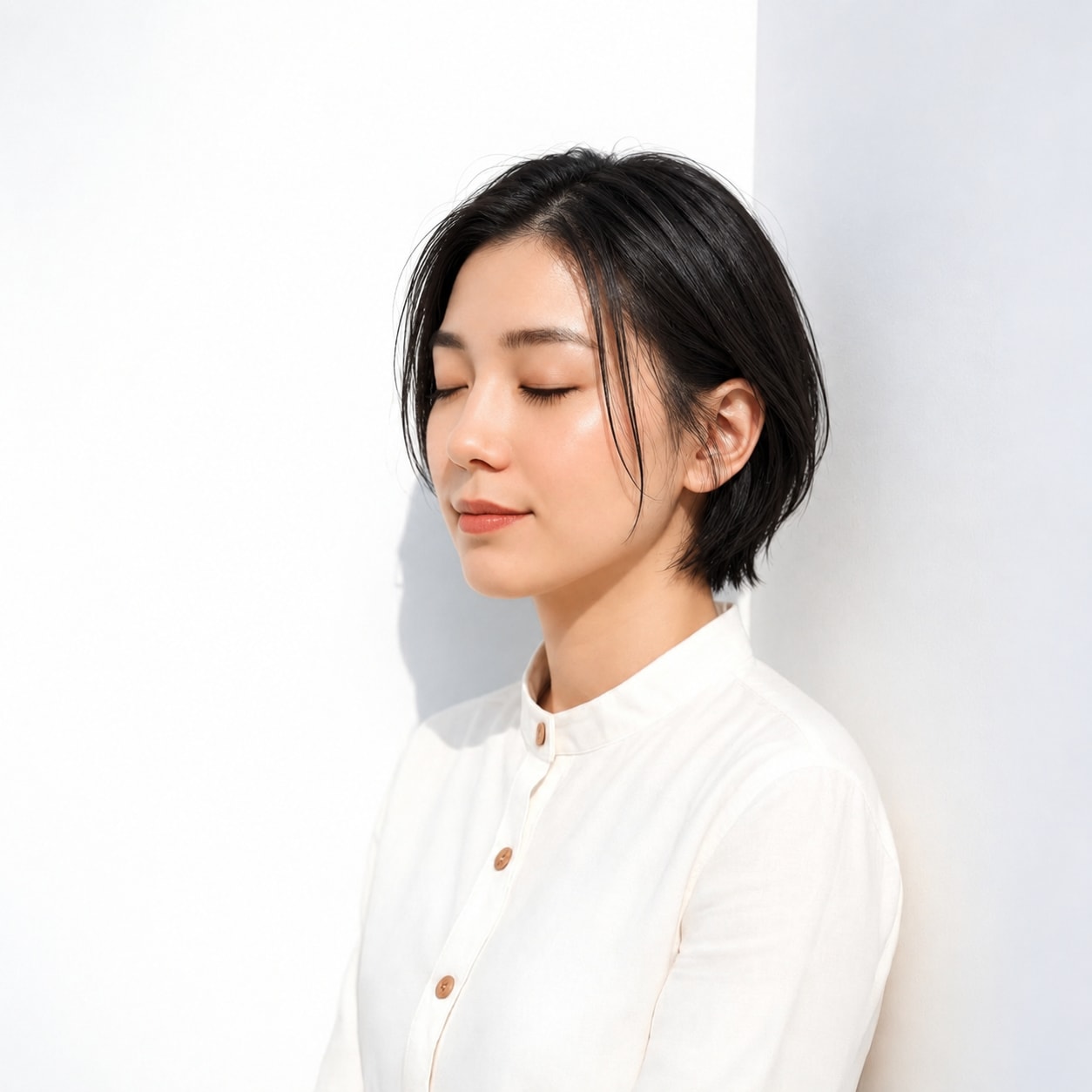15. 黒髪ショートボブ × ラフな毛先：耳かけとゆるい動きで黒髪も重く見えにくい