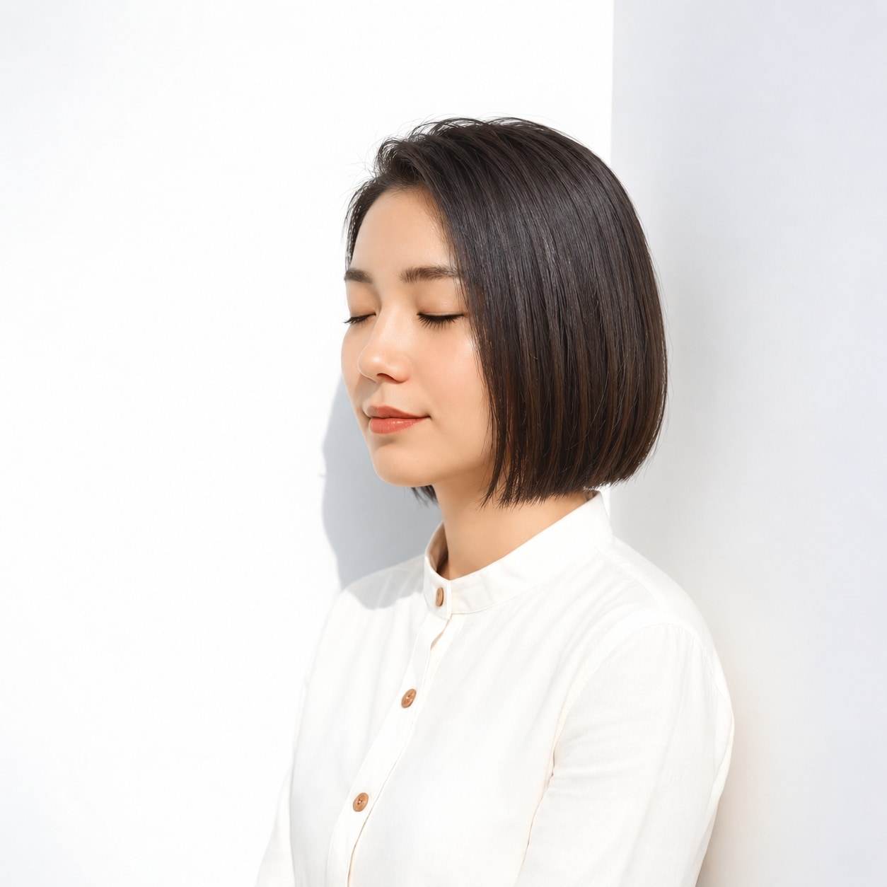 15. 黒髪ストレートボブ × 前髪なし：まっすぐなラインとツヤがかっこいい