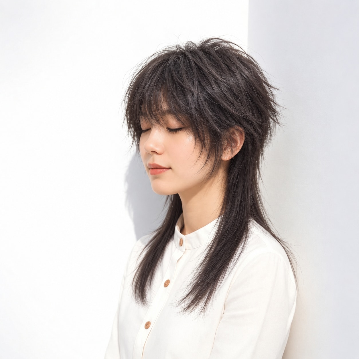 12. 中性ロングウルフ × ラフなトップ：短いトップと長い裾でメリハリがつく