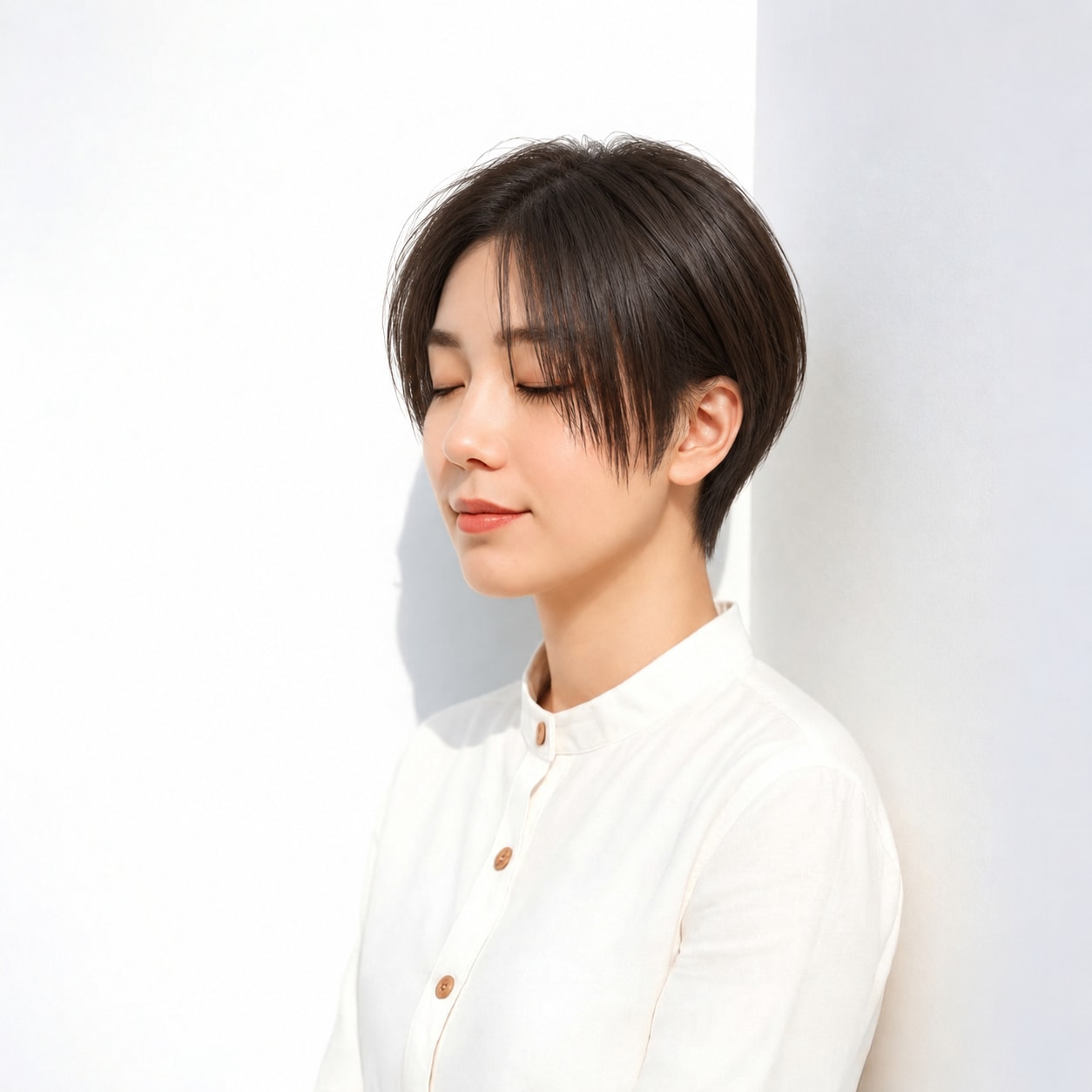 24. ハンサムショート × 長い斜め前髪：顔まわりの長短差を楽しむ