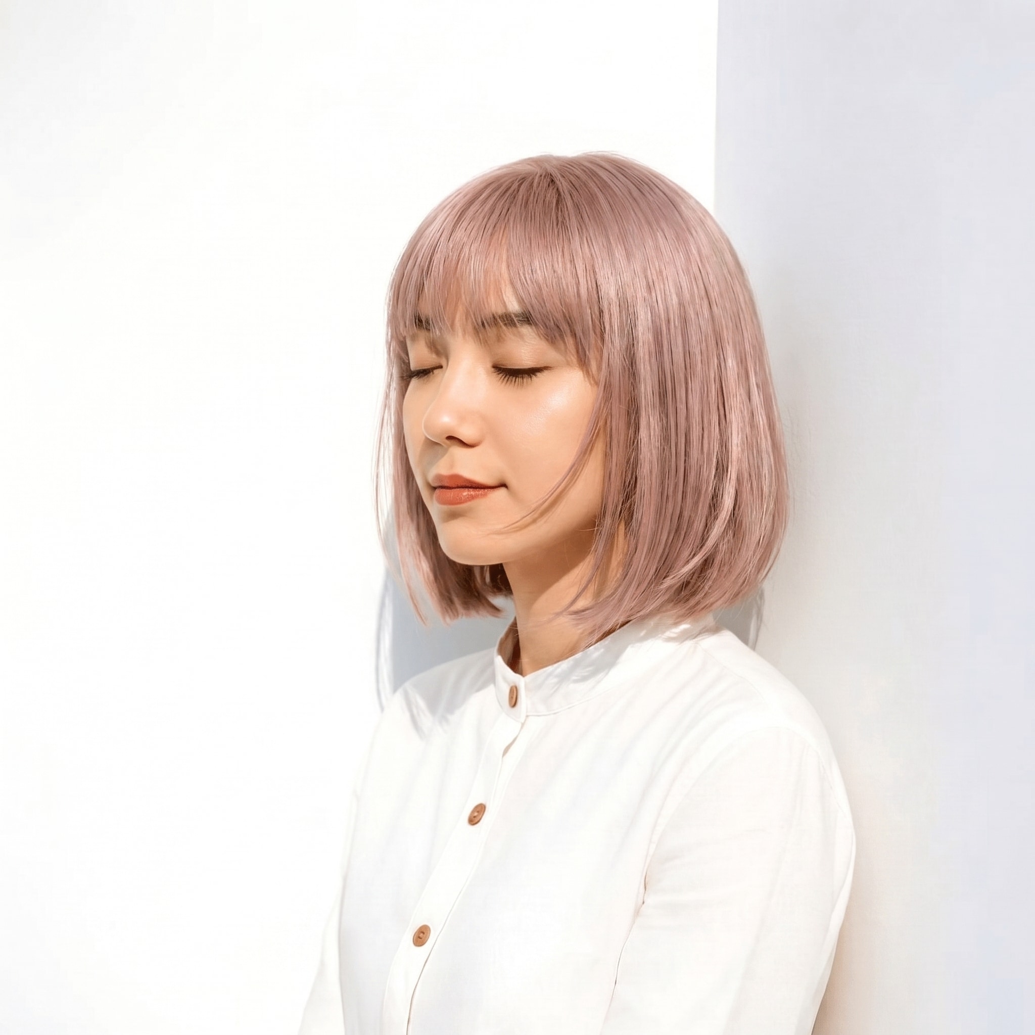 32. ピンクベージュ×ワンレンボブ：ふわりと重なるピンクベージュで軽やかに