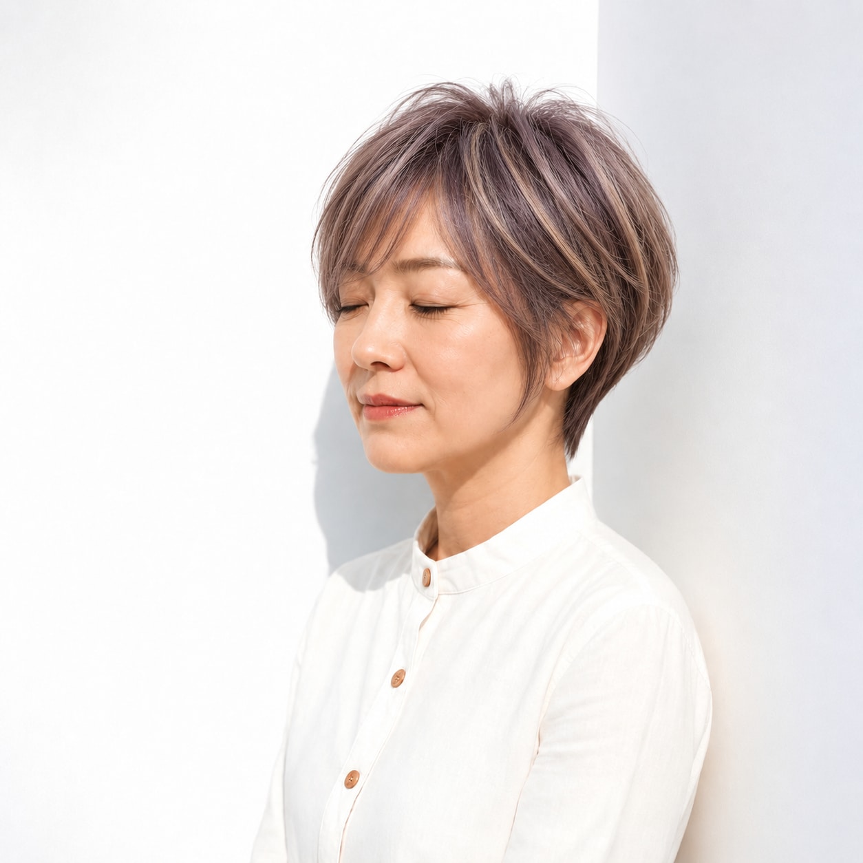 16. ローズベージュメッシュ × ショート：淡い色で柔らかなアクセント