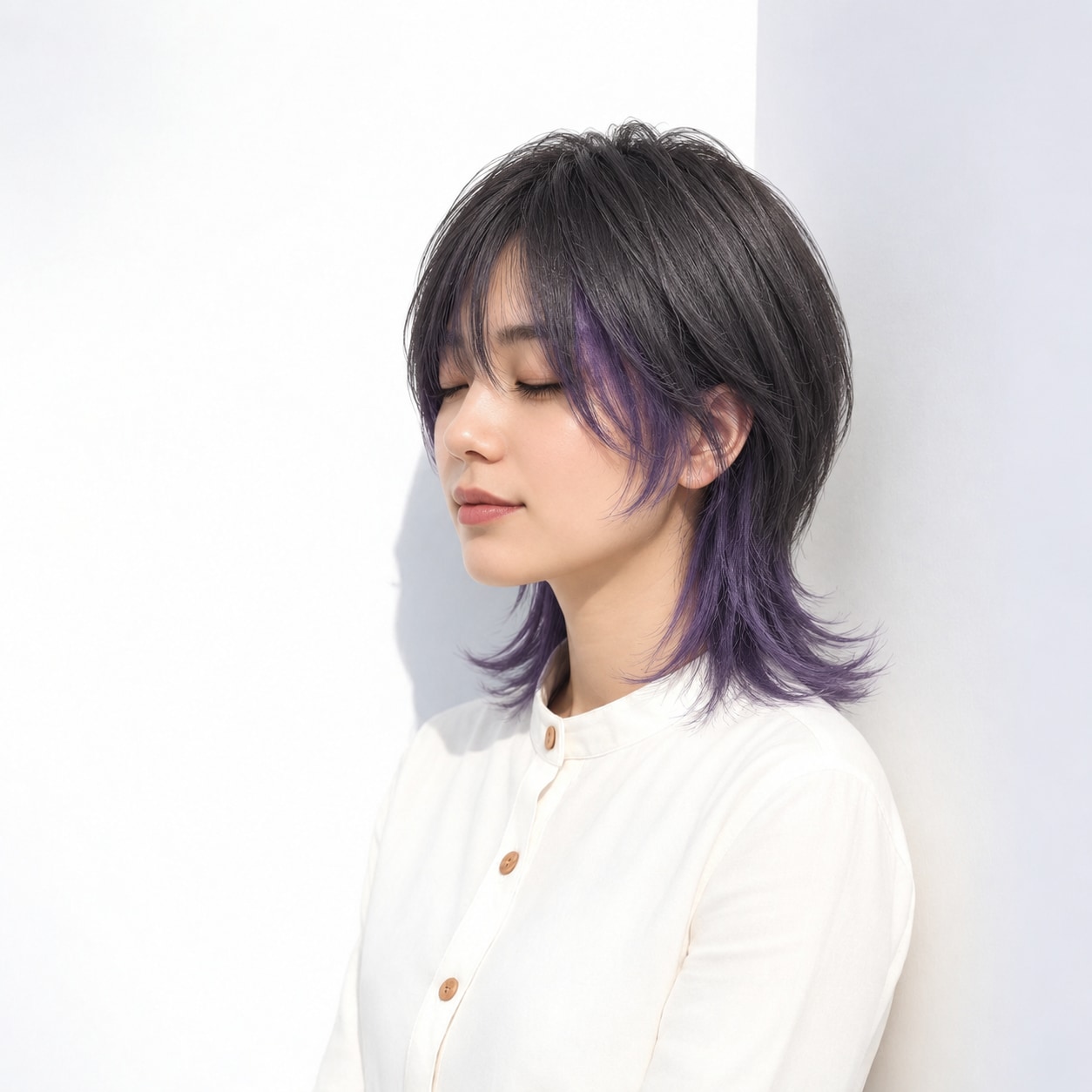 14. 中性ウルフ × パープル：顔まわりから襟足まで紫の色みがつながる