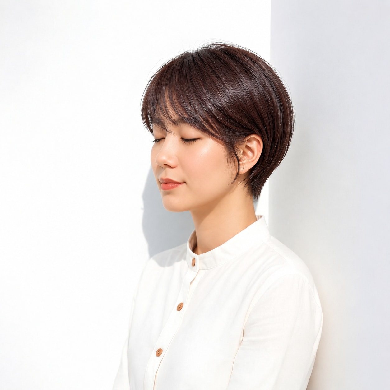 26. ハンサムショート × レッドブラウン：深い赤みが流し前髪のツヤを引き立てる