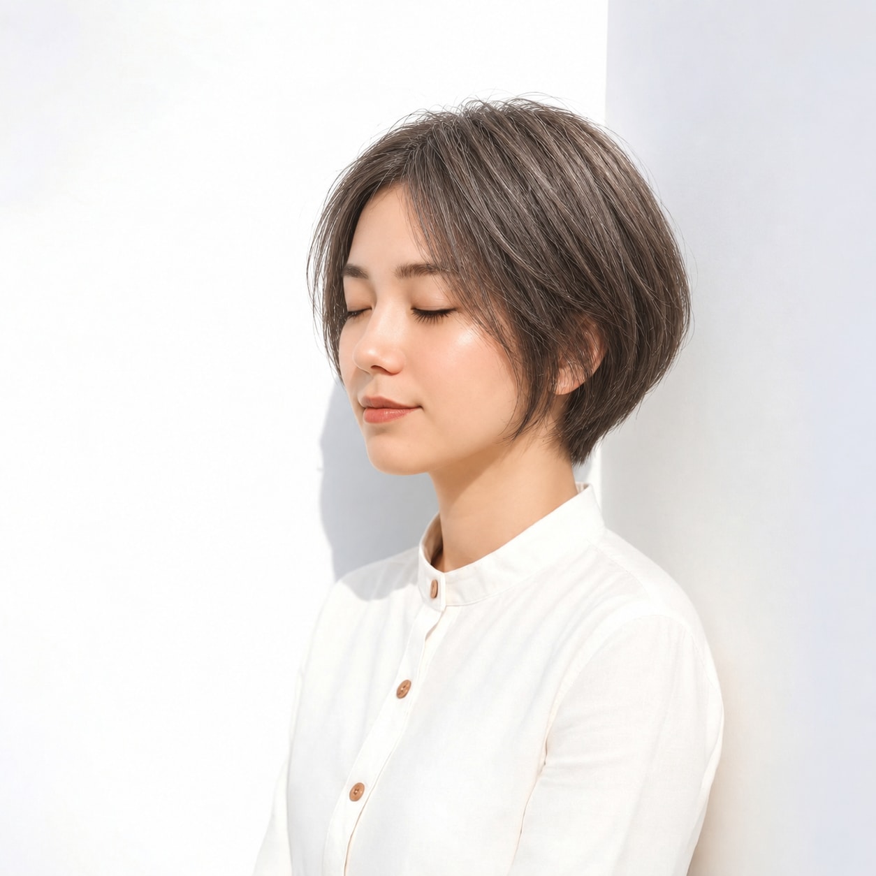 26. レイヤーショートボブ × アッシュブラウン：流れる前髪がボリュームのある髪に軽さを加える