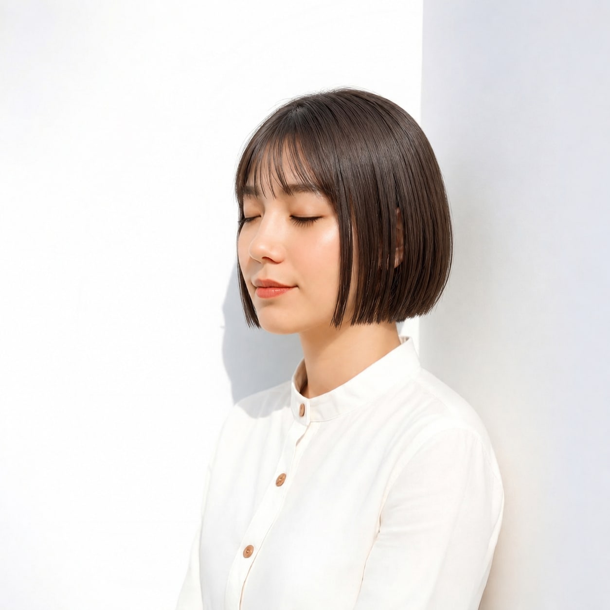 27. ストレートミニボブ × 薄め前髪：額が透ける前髪で厚い裾とのバランスが取れる