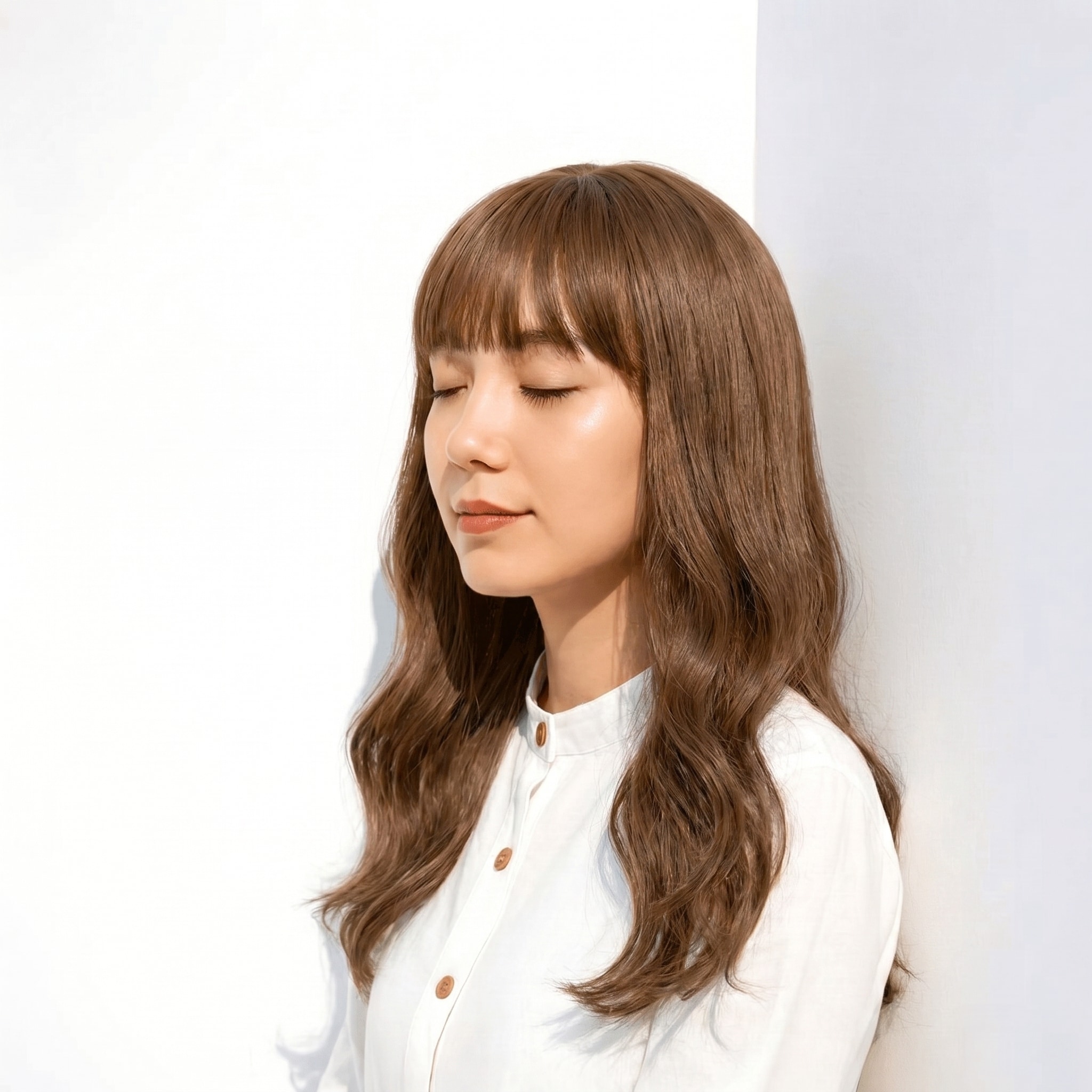 39. オリーブベージュ×セミロング：Sカールで軽やかさと落ち着きを両立