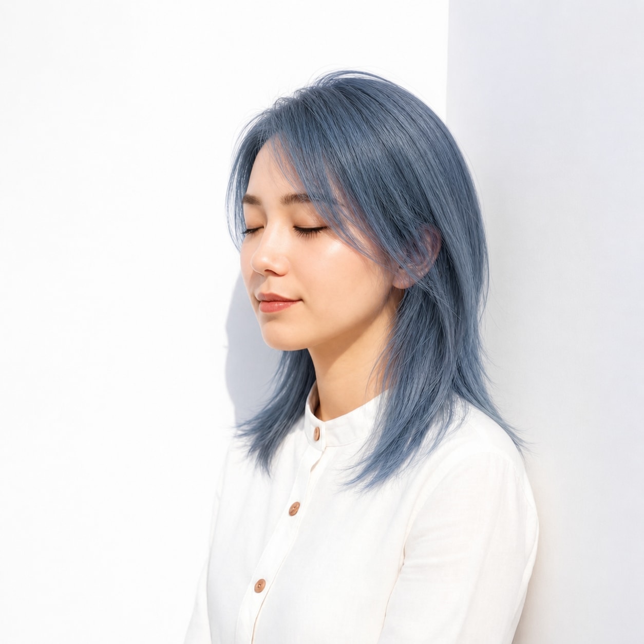 4. くすみブルー×レイヤーミディアム: 明るいブルーグレーでレイヤーの動きが引き立つ