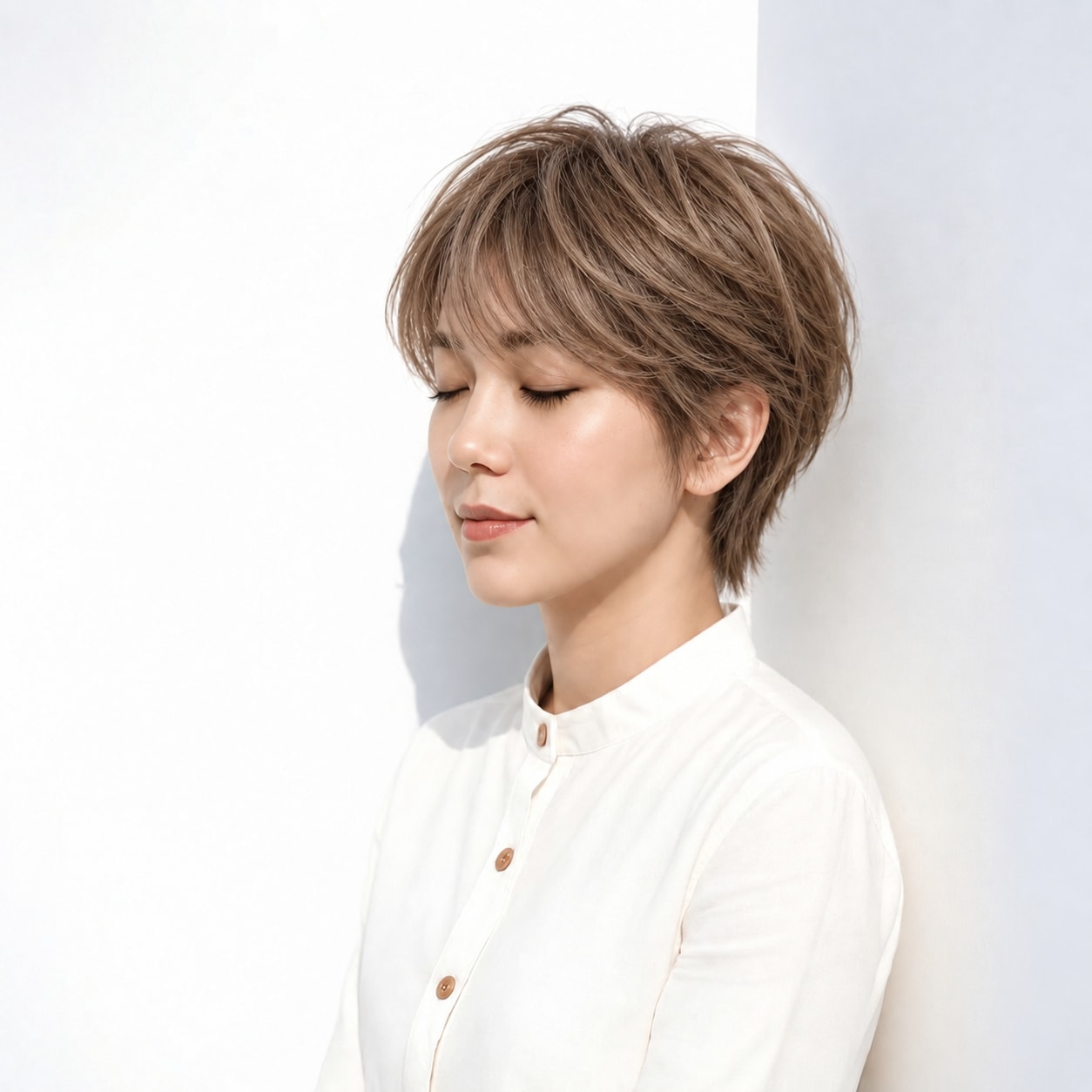 4. ふんわりショート × ベージュブラウン：こめかみの丸さで軽快な表情
