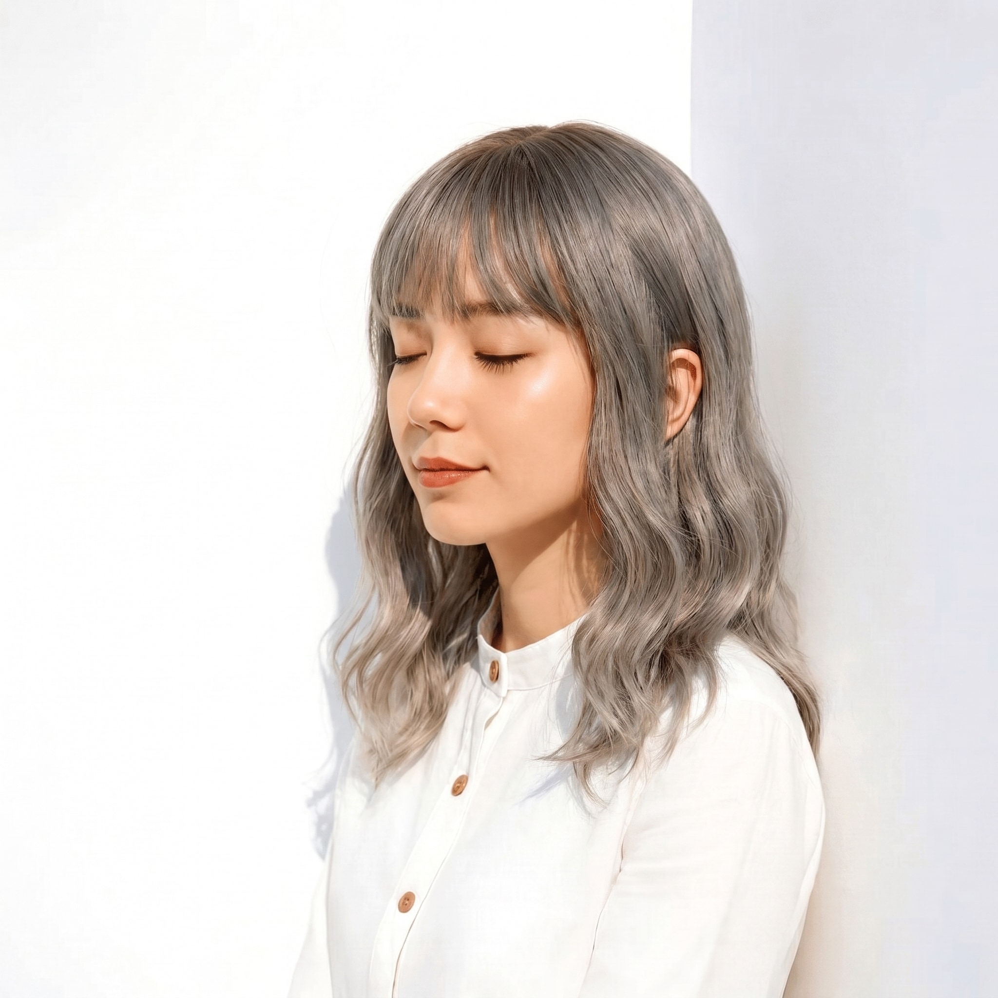 4. アイスグレージュ×透明感カラー: 青みグレーとベージュで肌をきれいに見せる