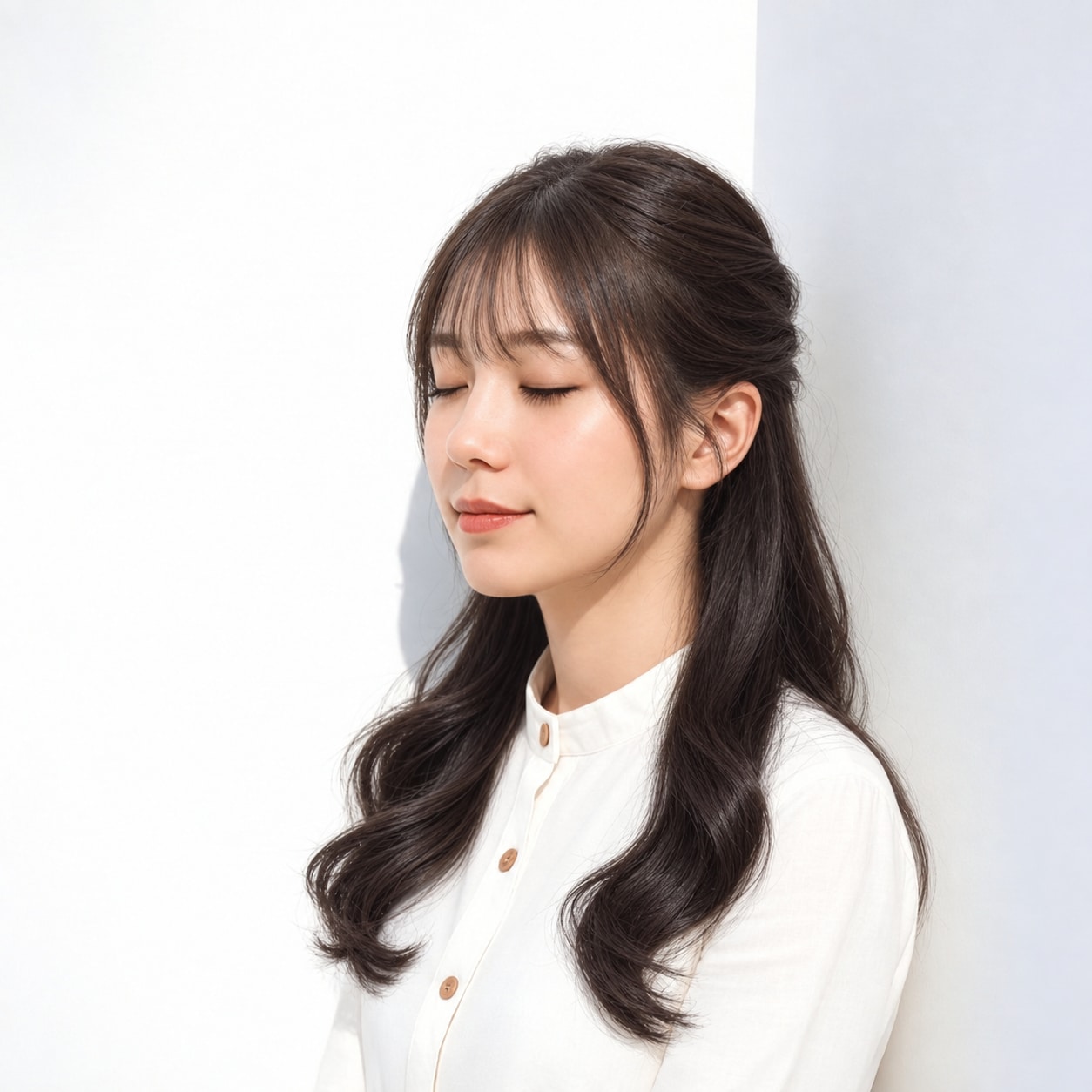 4. アイドル前髪 × センター分け前髪：中心に小さな抜けができ、丸いシルエットも軽く見えます