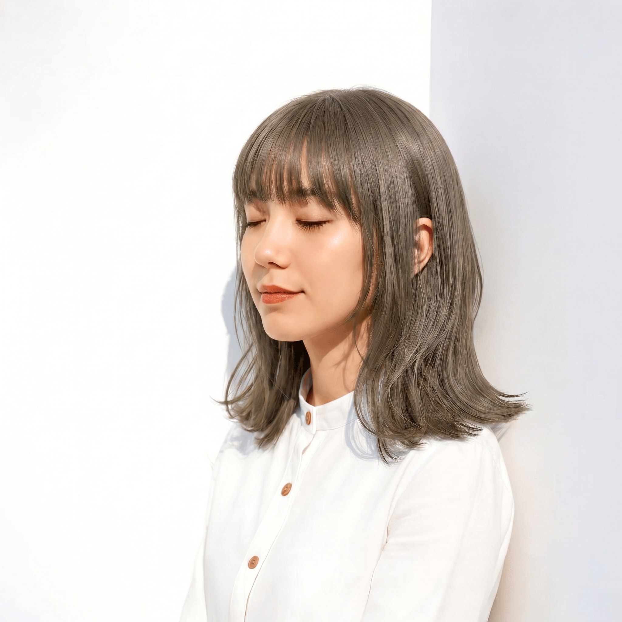 4. アッシュグレージュ×ストレート：自然な陰影が生まれるミディアムスタイル