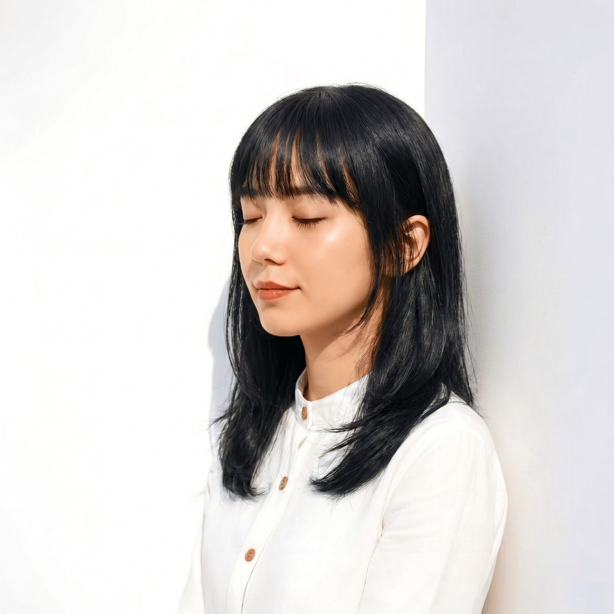 4. アッシュブラック×ミディアムストレート: 肌をクリアに見せる青みアッシュで軽やかに