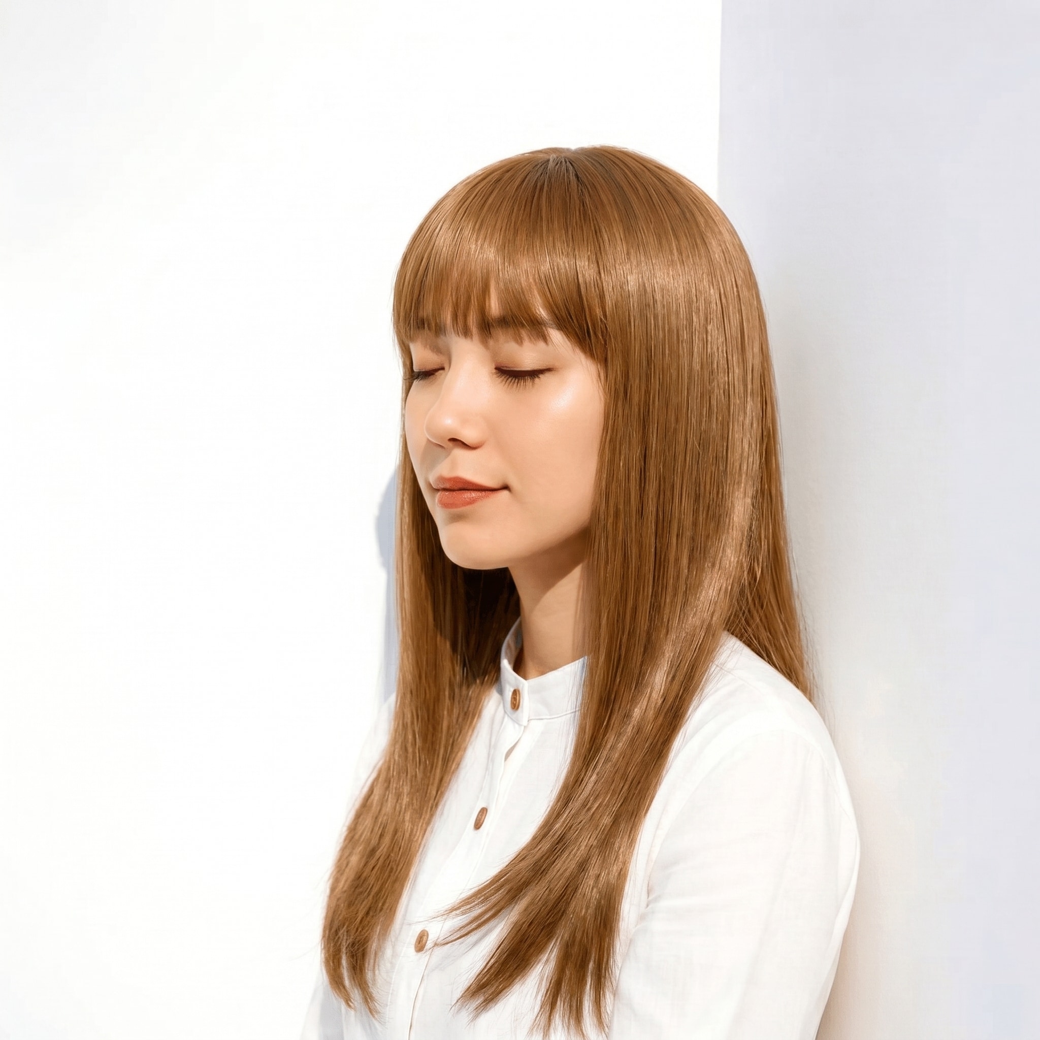 4. イエローブラウン×厚めバングロング: 均一な黄みブラウンで面のツヤをきれいに見せる