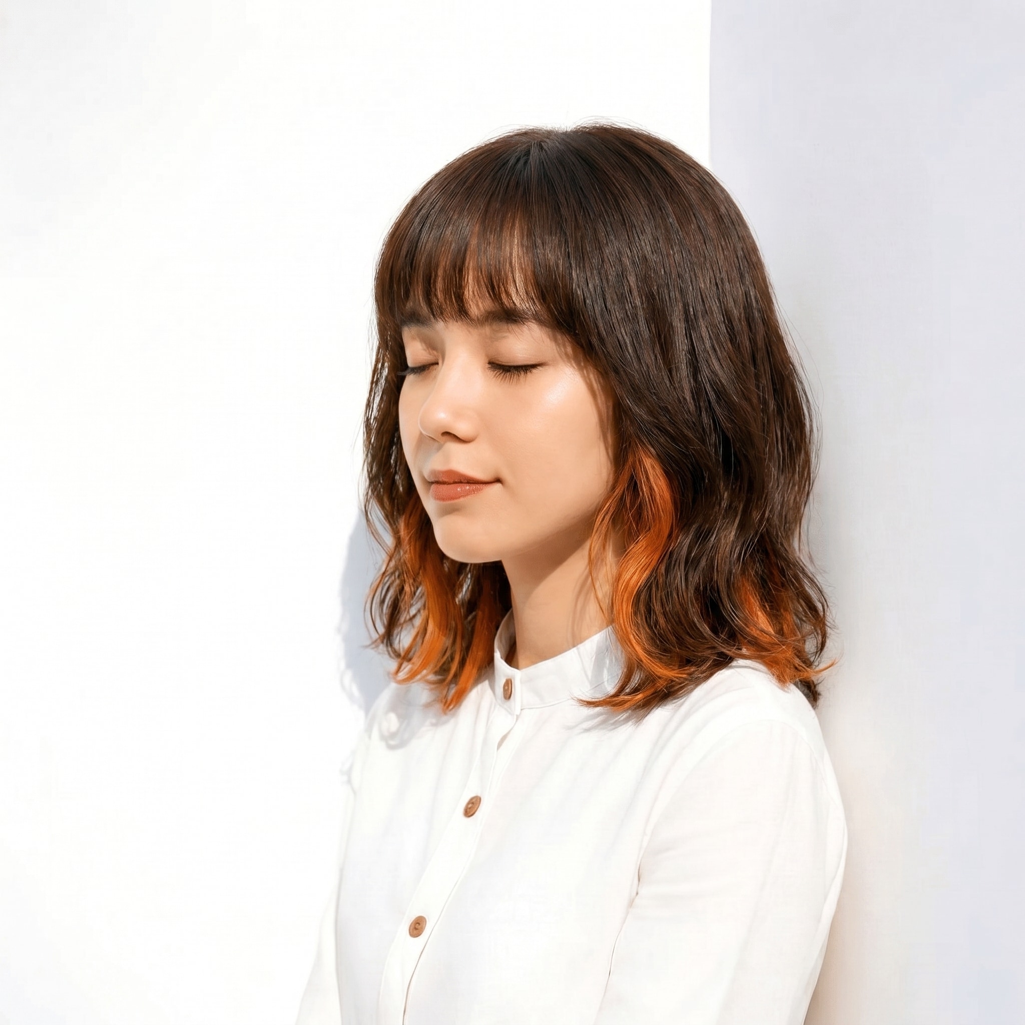 4. インナーカラー×カッパーオレンジ×外ハネロブ: 暗めベースにさりげない抜け感と遊び心を添える