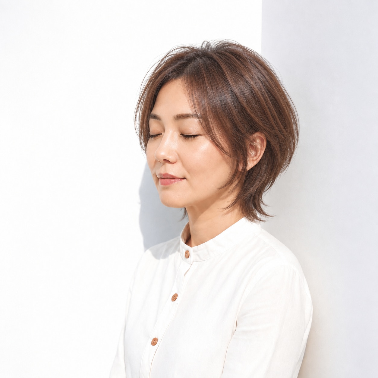 4. ウルフボブ × 軽めシルエット：輪郭線が一か所に固まらず、動きのある印象になります