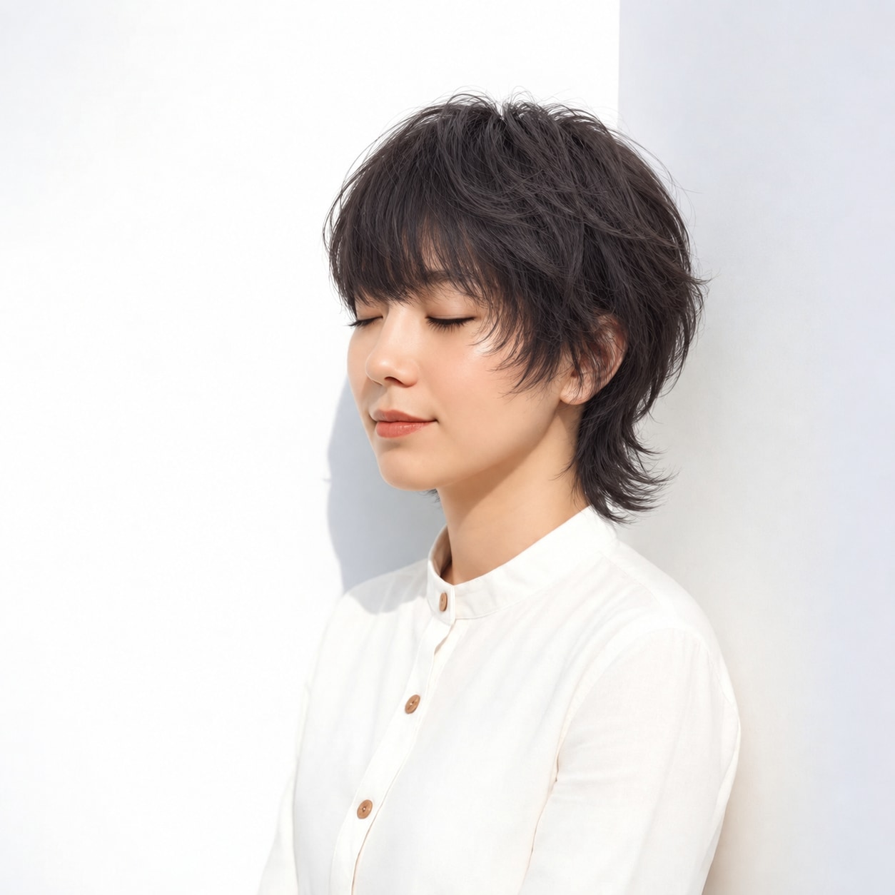 4. ウルフレイヤー × ショート × トップふんわり：高さを出しすぎず、後頭部まで自然な立体感が続きます