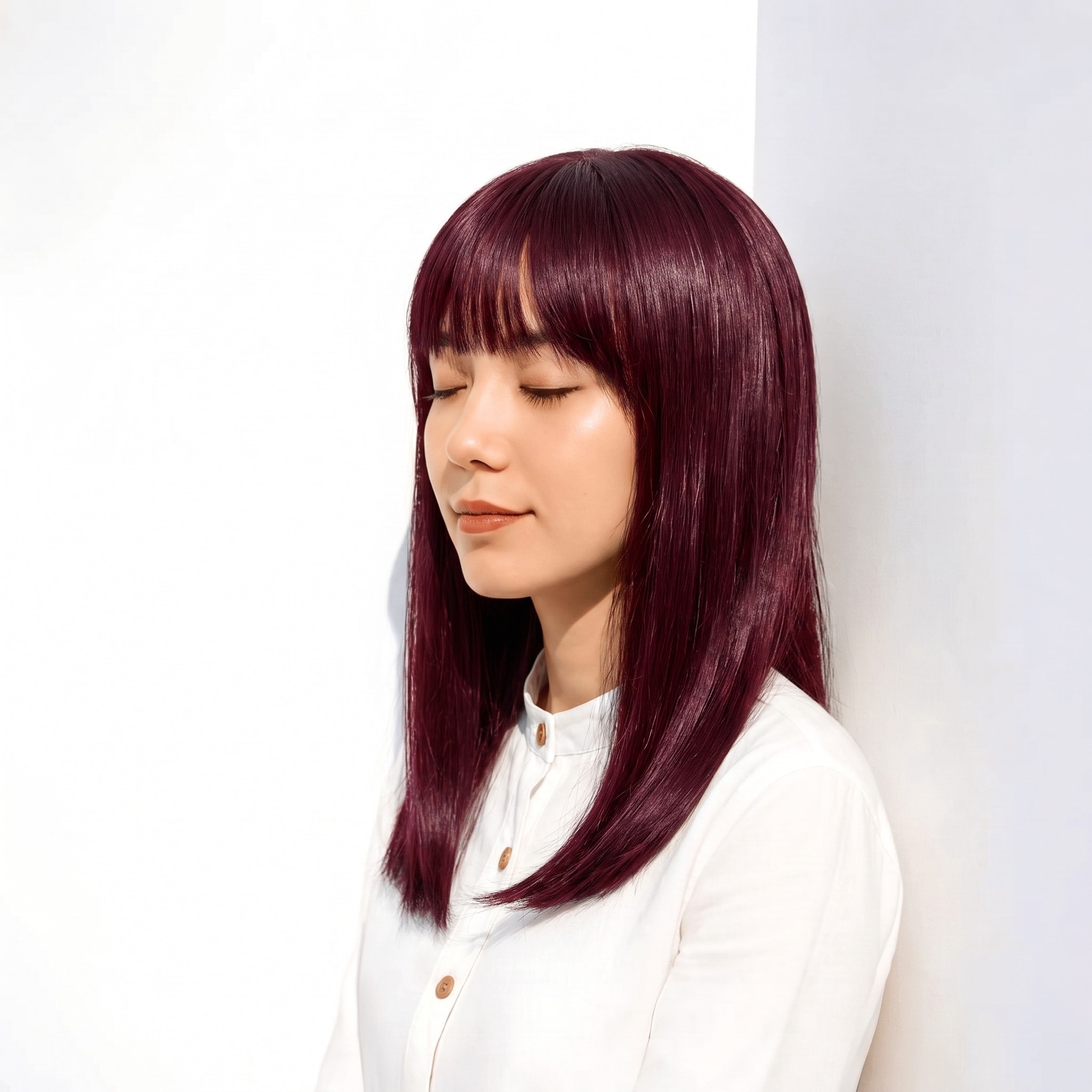 4. カシスパープル×ブリーチなし×ストレートボブ: ベリー系の深みで暗めヘアに華やかさが出る