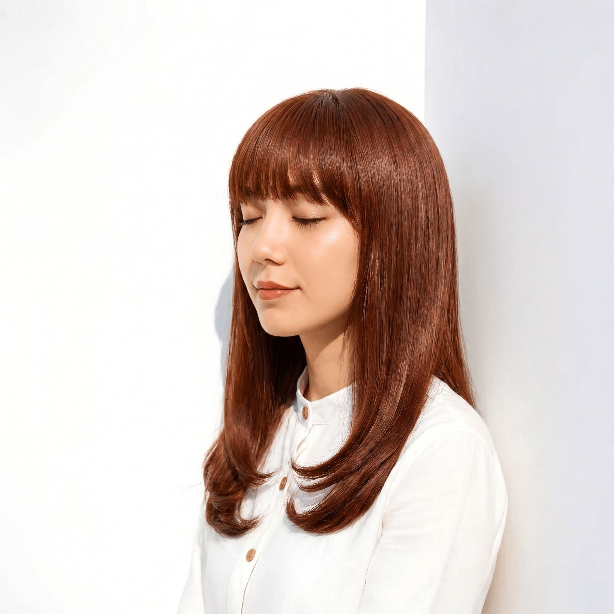 4. カッパーブラウン×明るめトーン×さらっとした直線感: ツヤと動きの差が出て、こなれた雰囲気に見える