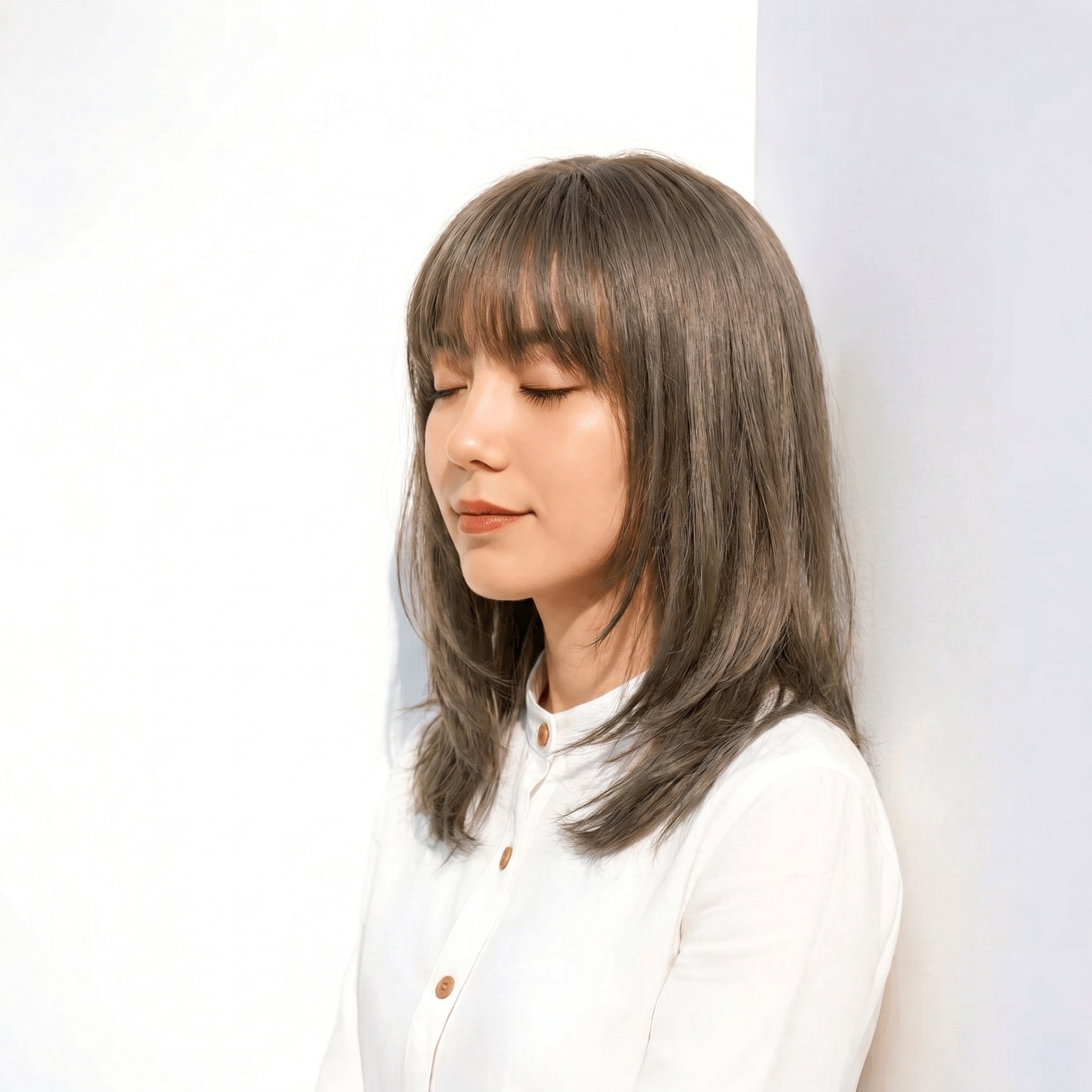 4. カーキアッシュ×ミディアムレイヤー: セミマットな寒色が毛流れの陰影を引き立てる