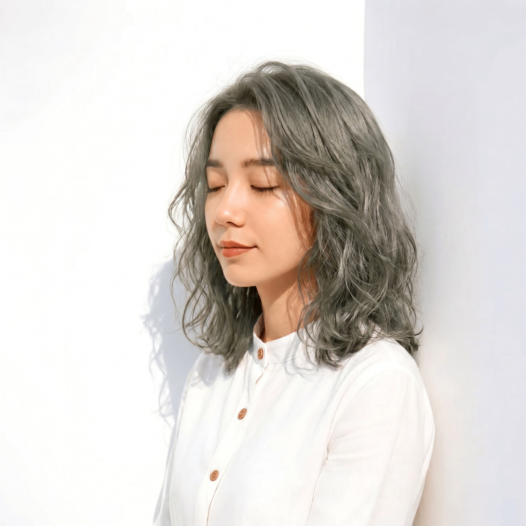 4. カーキグレージュ×ミディアムウェーブ: 透ける軽やかさで大人の抜け感を演出