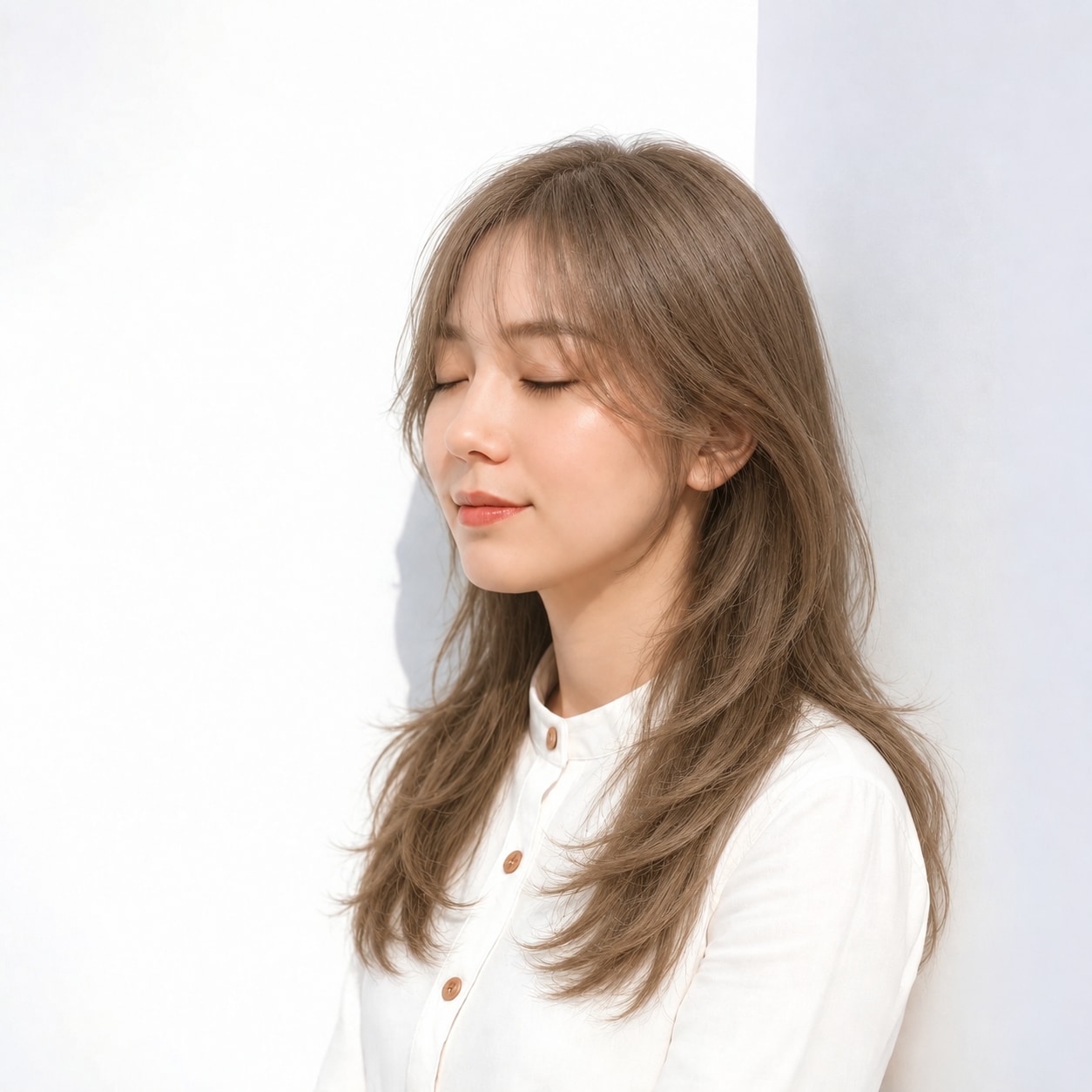 4. カーテンバング × ベージュロング：やわらかな曲線で輪郭を縁取る