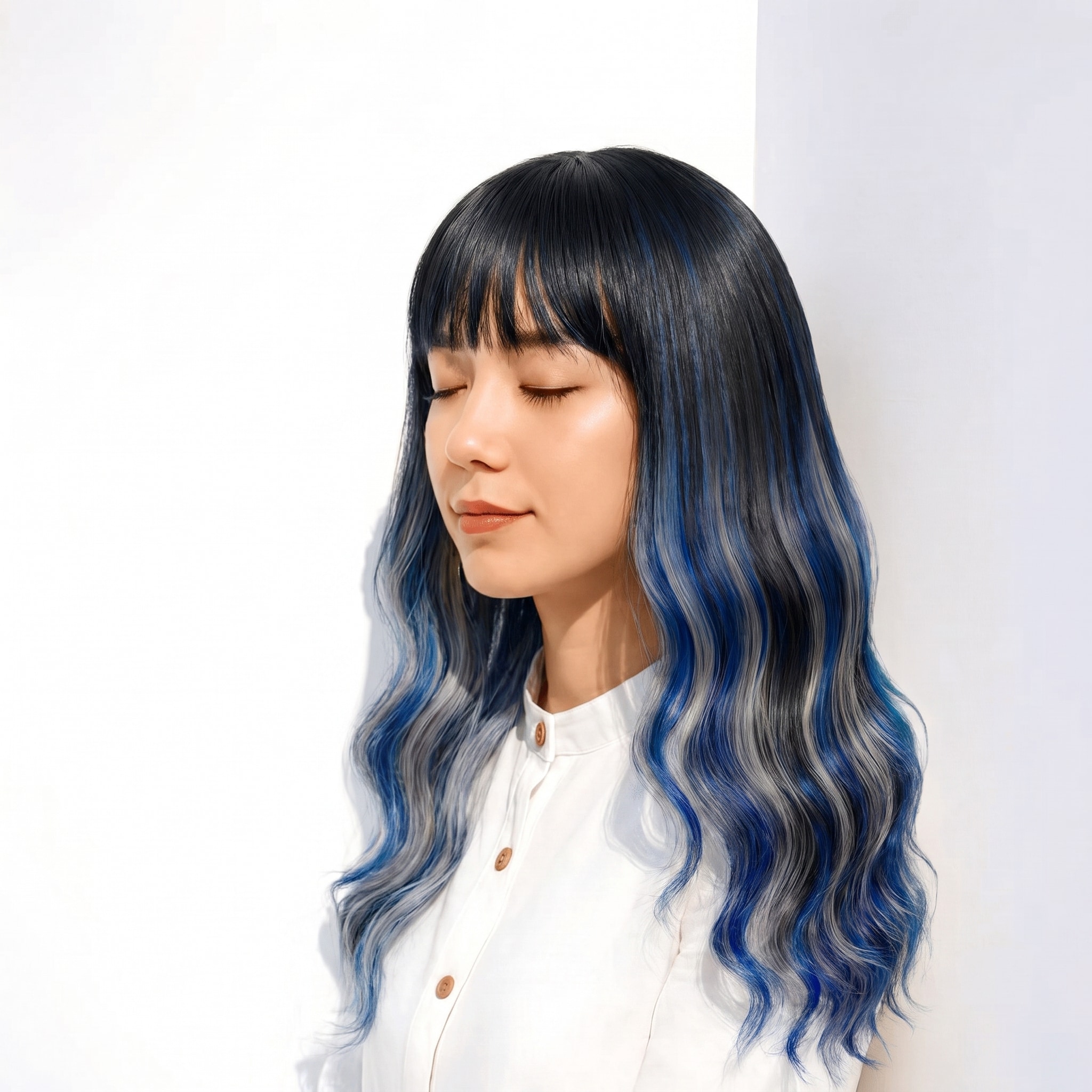 4. グラデーションブルーメッシュ×ウェーブロング: 濃淡のある寒色でウェーブロングに華やかさが出る