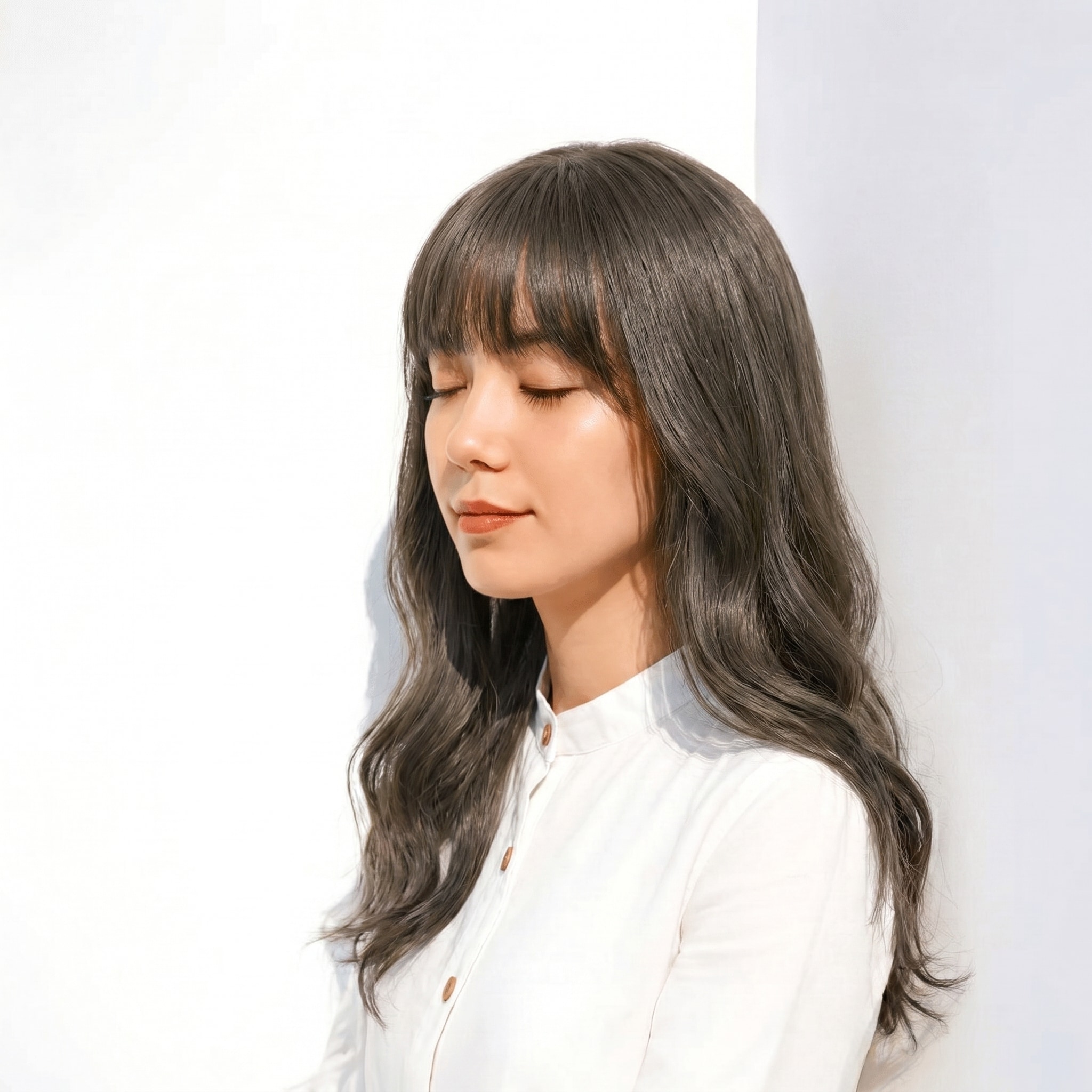 4. グリーンアッシュ×前髪ロング：オリーブの柔らかさでクールな印象に