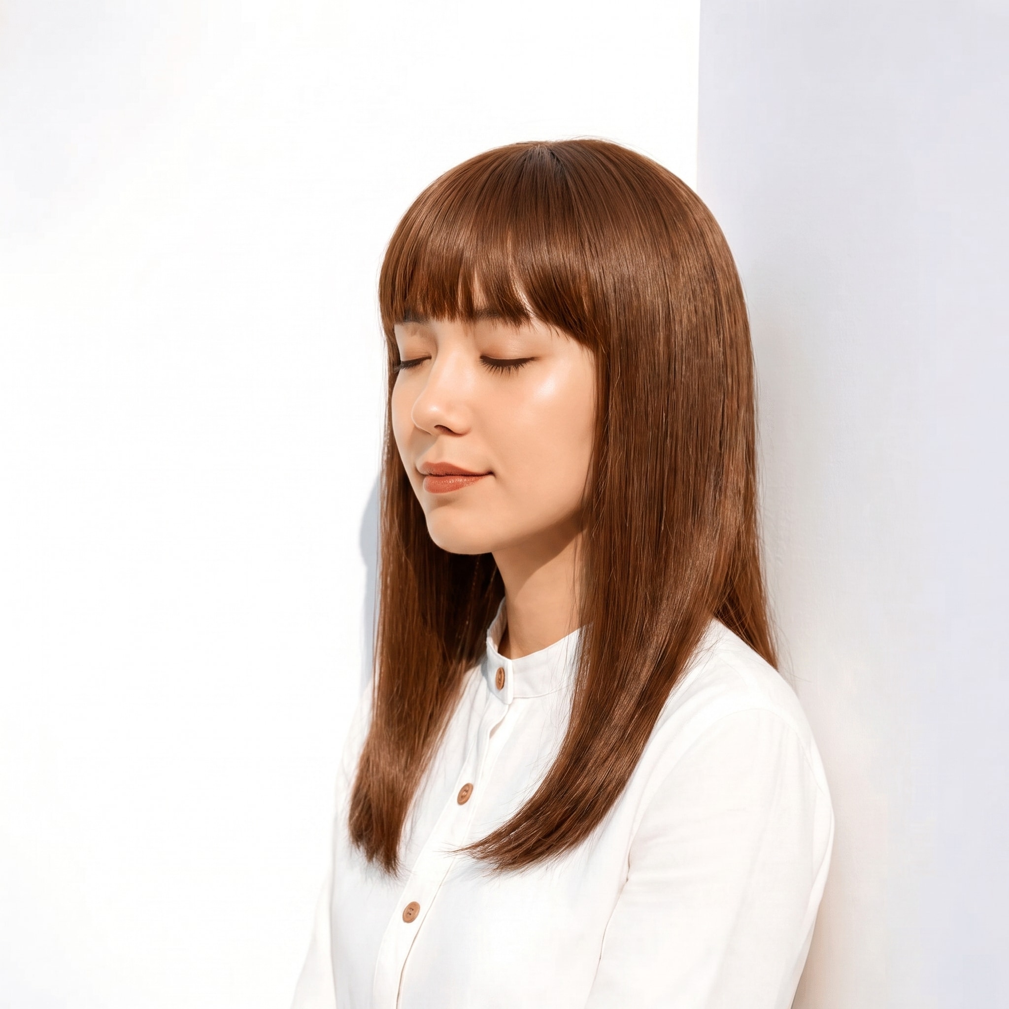 4. ココアブラウン×ストレートロング: 赤みとオレンジを含む明るめブラウンでロングが柔らかくまとまる