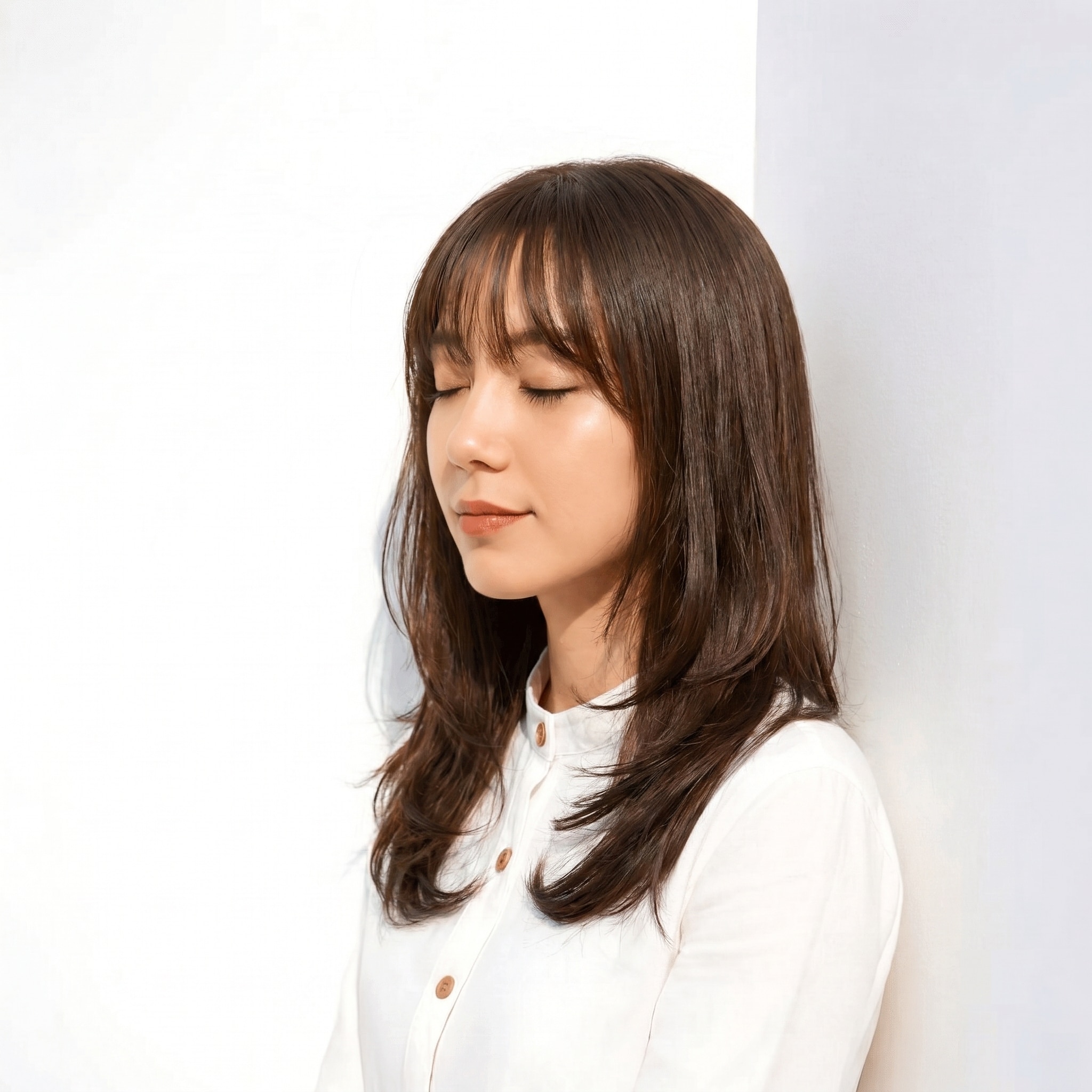 4. ショコラブラウン×ミディアムストレート：くびれシルエットで軽やかに揺れる