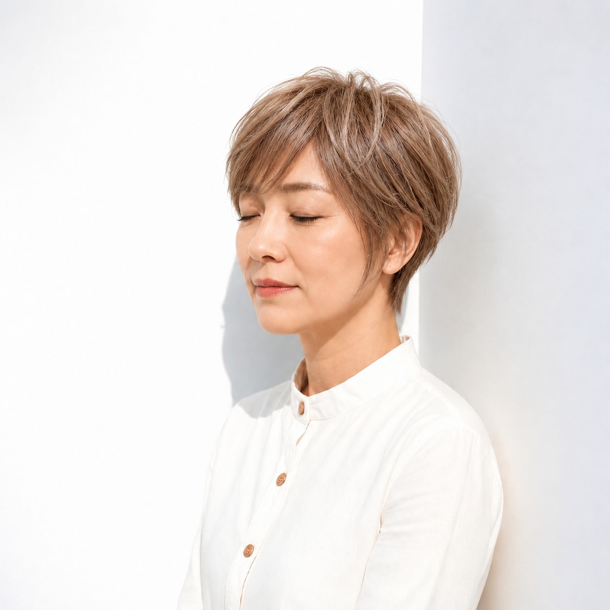 3. ショートレイヤー × 斜め前髪：細い毛束が軽快に動く