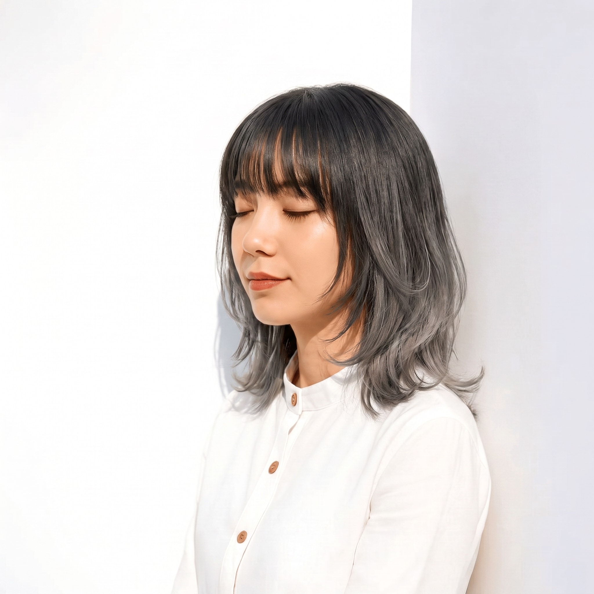 4. シルバーグレージュ×外ハネミディアム: 暗め根元と明るい毛先で外ハネに透明感が出る