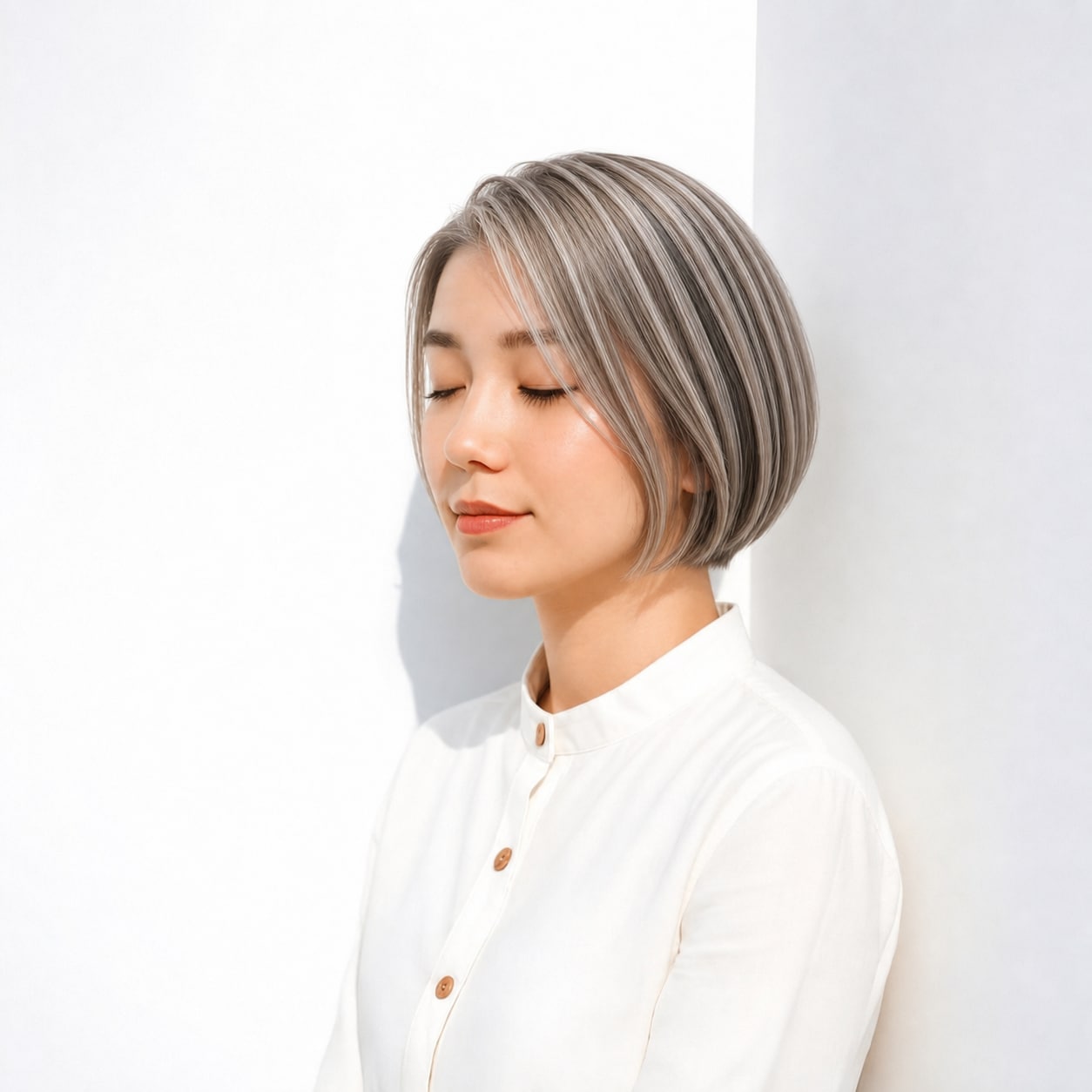 4. シルバーメッシュ×ストレートボブ: 細いシルバーラインでストレートでも単調になりにくい