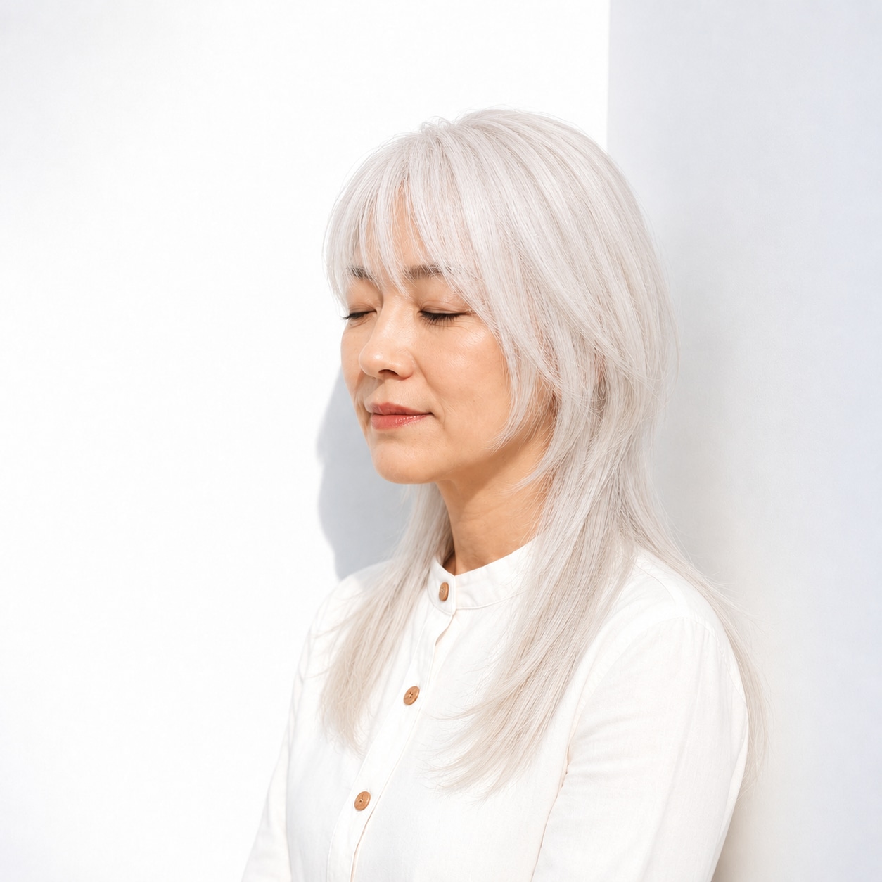 2. シルバーロング × 薄め前髪：すとんと落ちる髪が上品に映える
