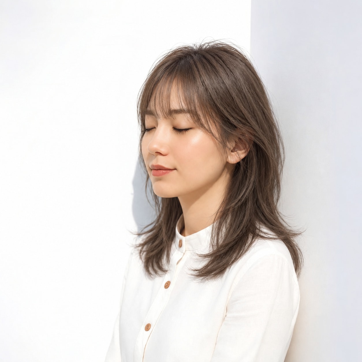 4. シースルーバング × 内巻きミディアム：額を透かして上品な軽さを出す