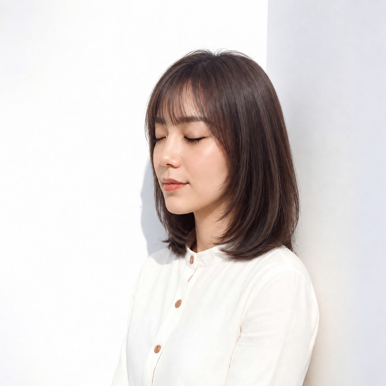 3. ストレートミディアム × ダークブラウン：薄い前髪がまっすぐな髪にやわらかさを添える