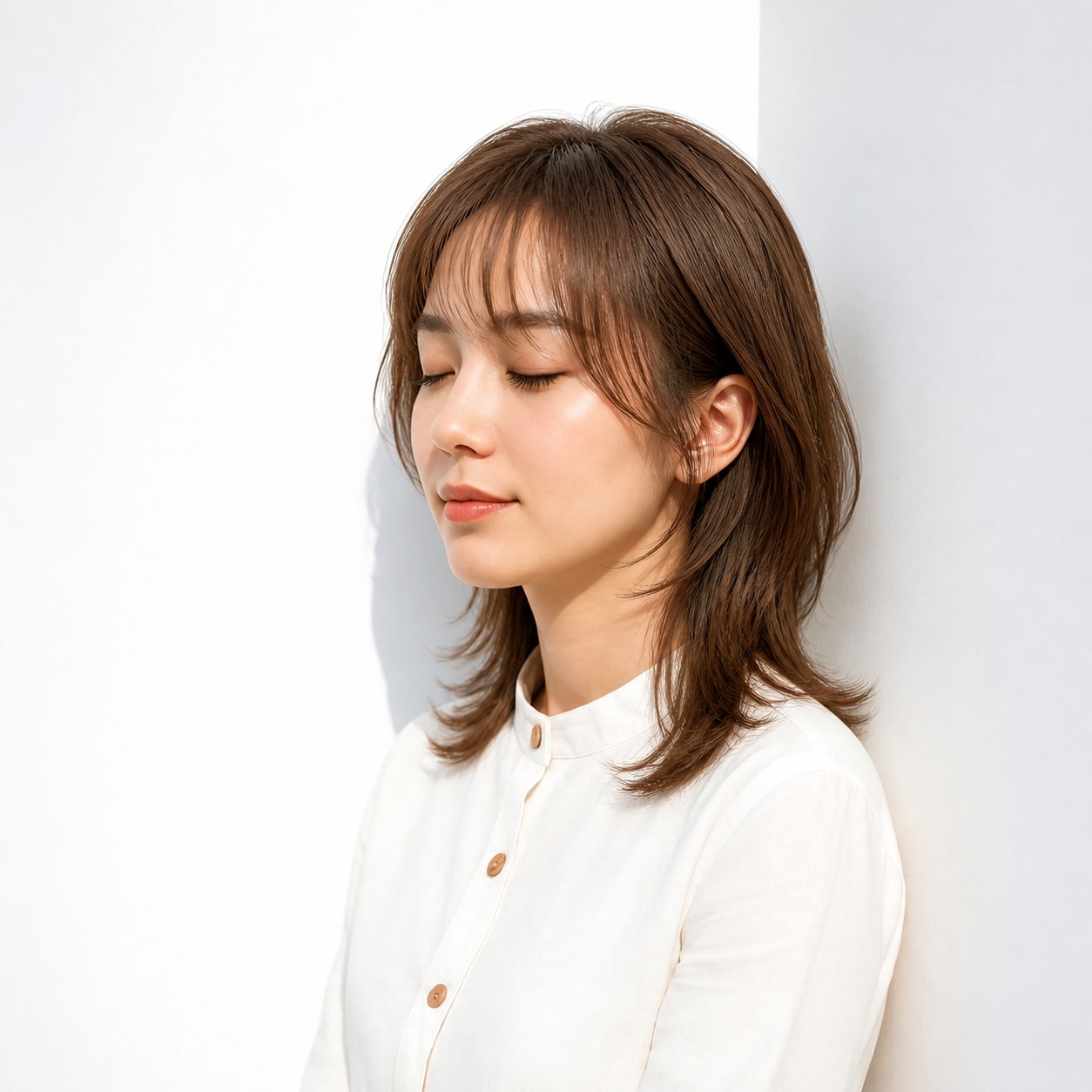 4. セミロングウルフ × ブラウンレイヤー：やさしく華やか