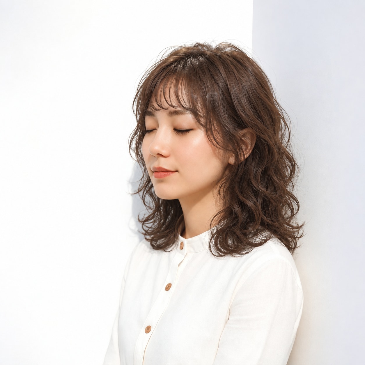 4. セミロングパーマ × 強め × 外ハネカール：首元に空間ができ、短いレングスでも軽快に見えます