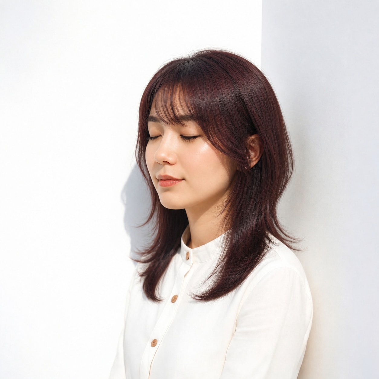 4. ダークレッド × ロングレイヤー：深い赤で毛流れを印象的に