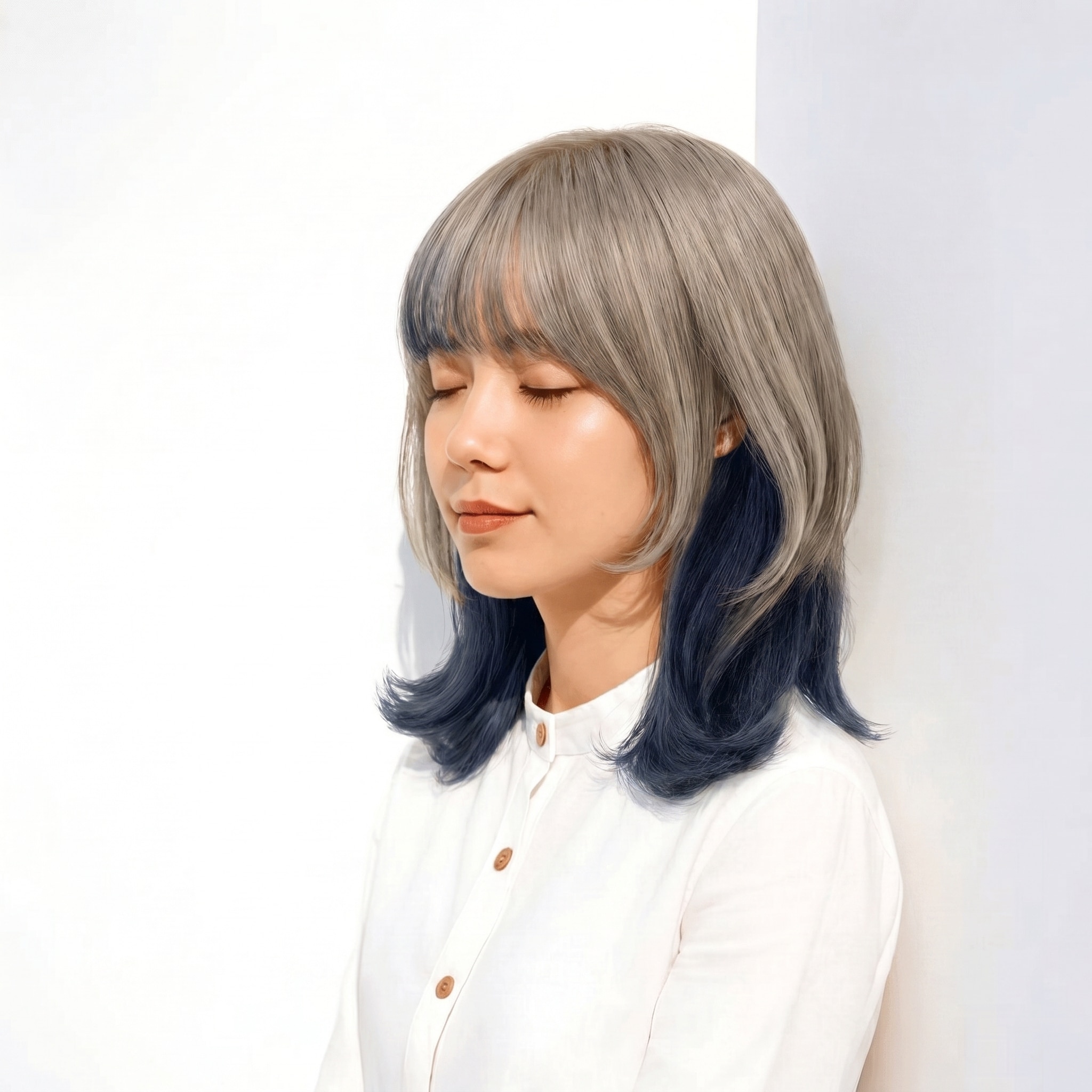 4. ツートーンカラー×ネイビー: 深みのある色合いで奥行きを演出するミディアム