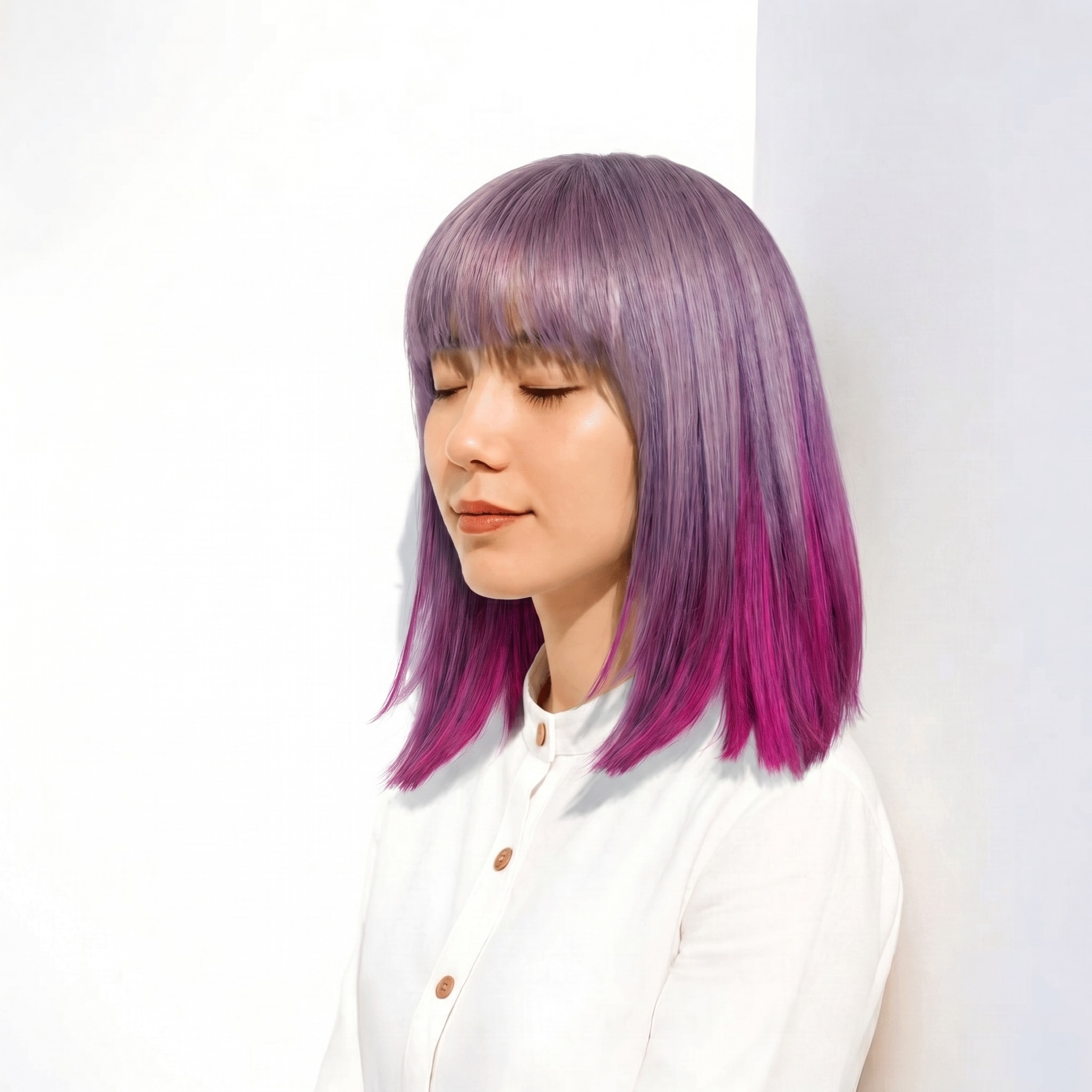 4. パープルグレー×ワンレンストレート: 青みがかった色みで涼しげな印象に