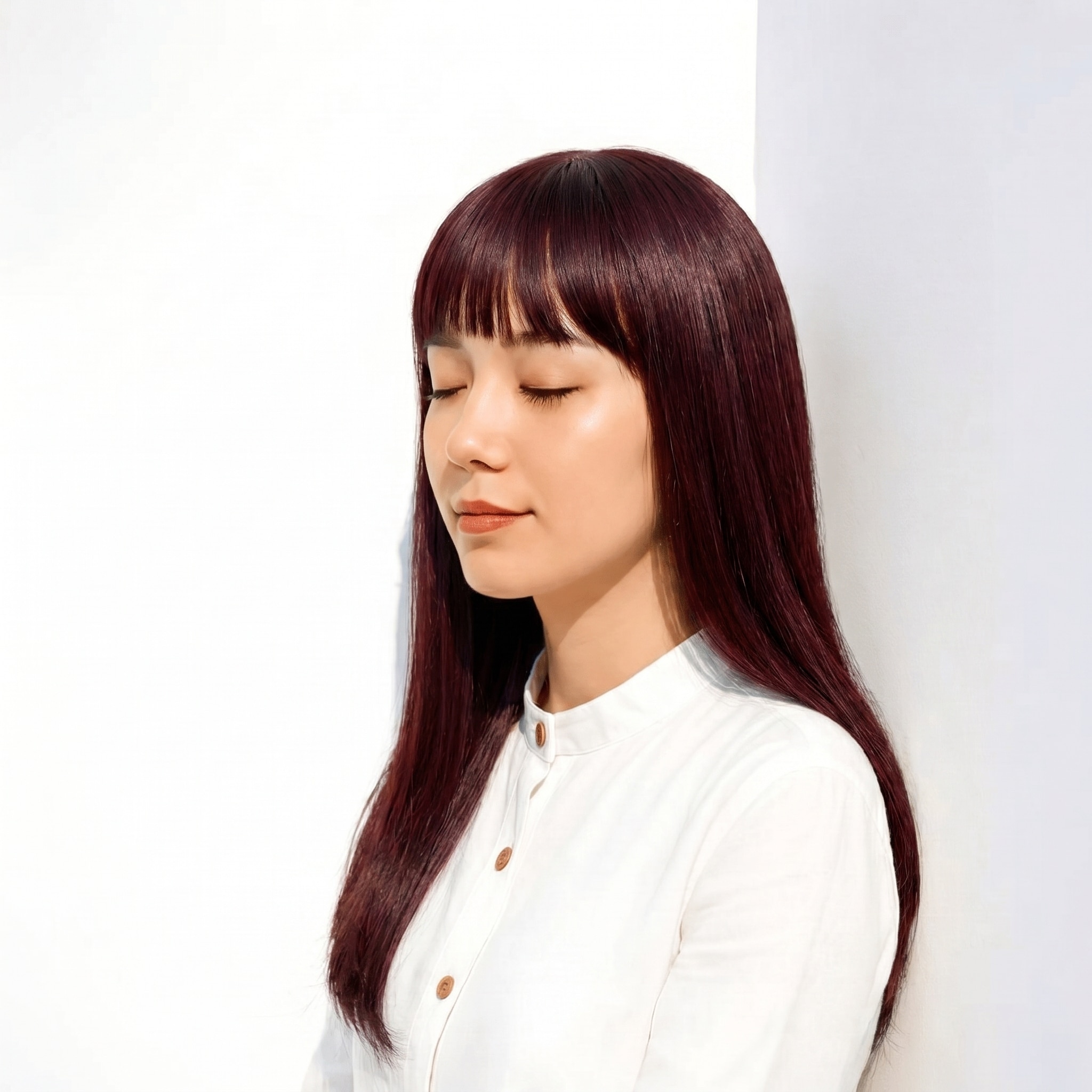 4. パープルブラウン×内巻きロング: クールな深みで、洗練された印象に仕上げる