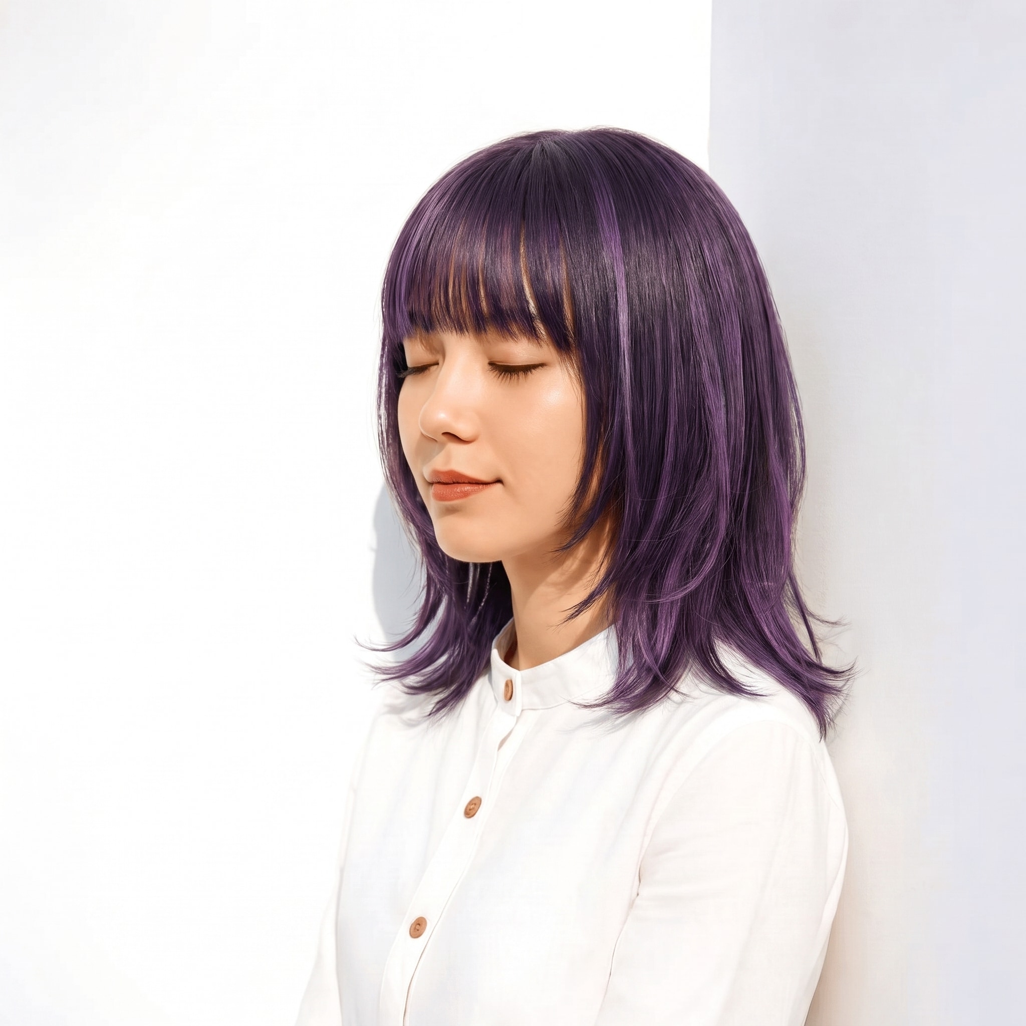 4. パープルブラック×外ハネボブ: ラベンダー寄りの紫で暗めボブが冷たくなりすぎない