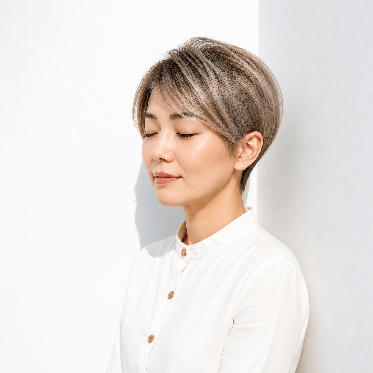 4. ハイライトカラー × プラチナベージュ：細いハイライトでショートに華やかな動きをプラス