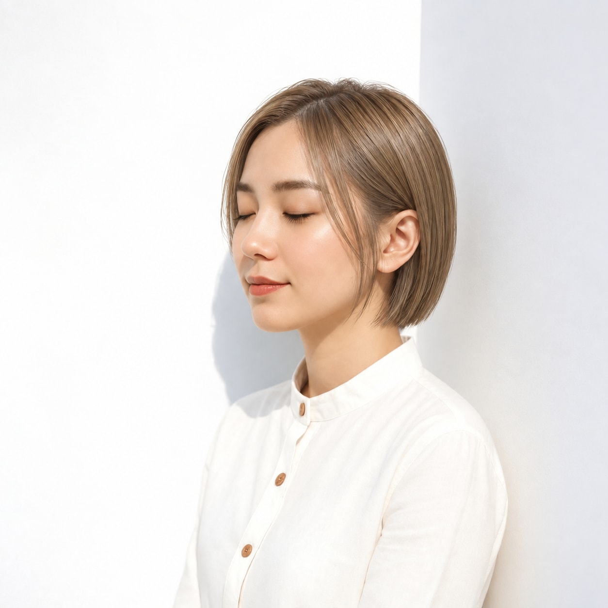 耳にかけたショートボブのハニーベージュ