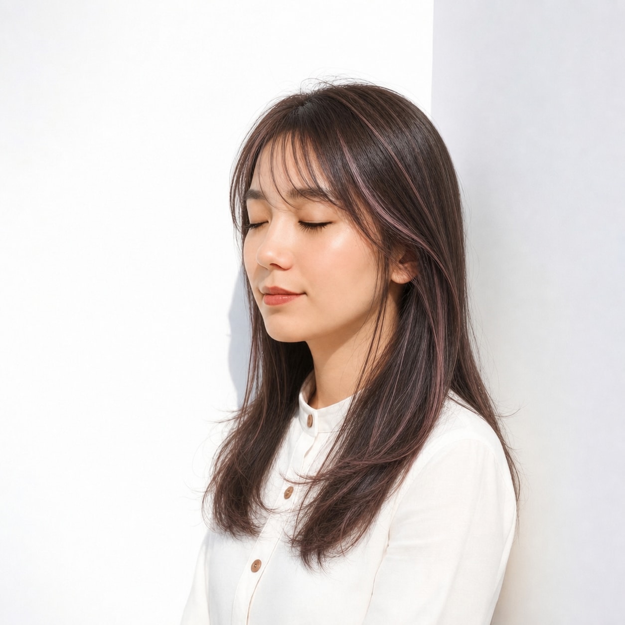4. ピンクハイライト×レイヤーロング: くすみピンクで甘さを抑えた印象になる