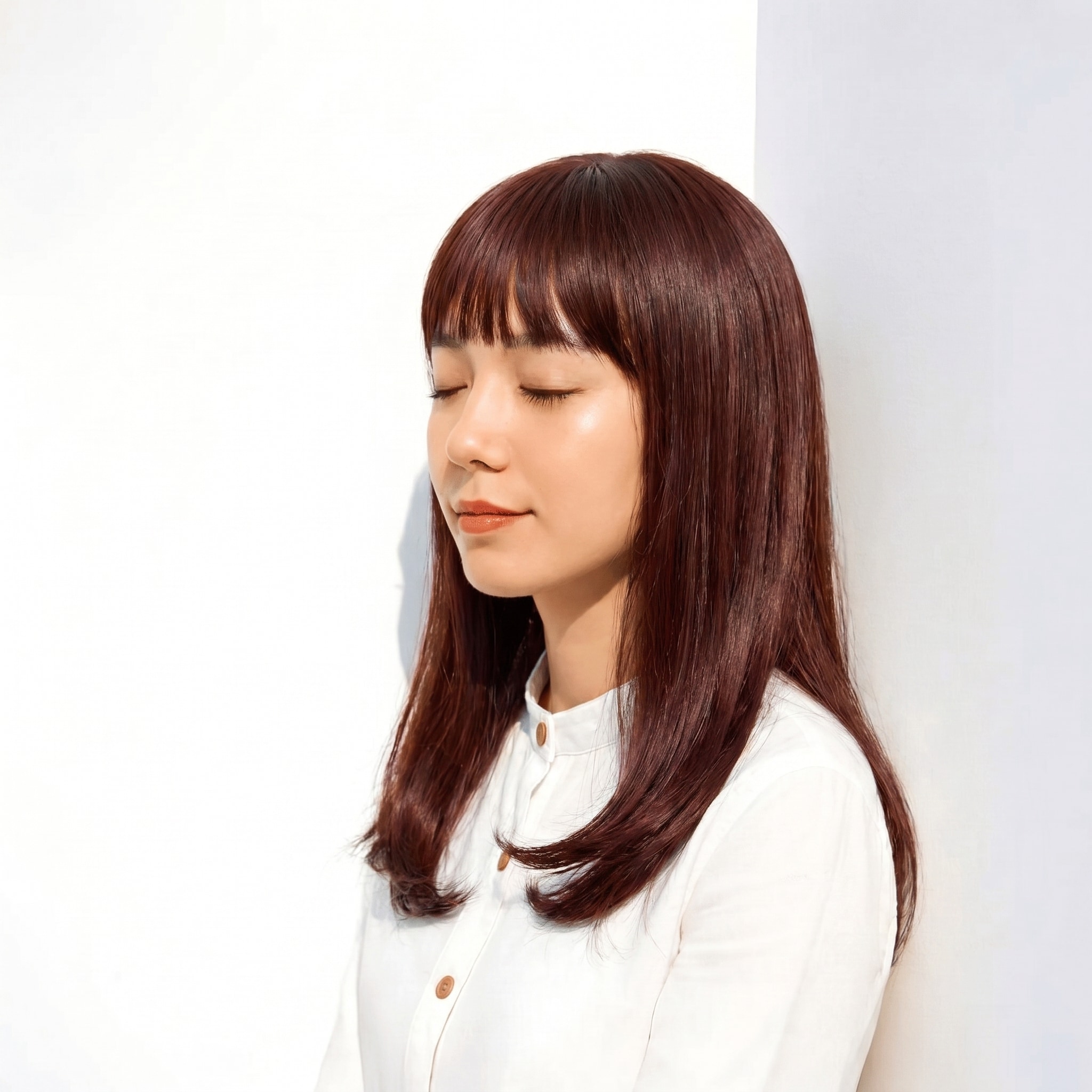 4. ブリーチなしピンクブラウン×ロングストレート: やや暗めのローズが上品な艶を演出