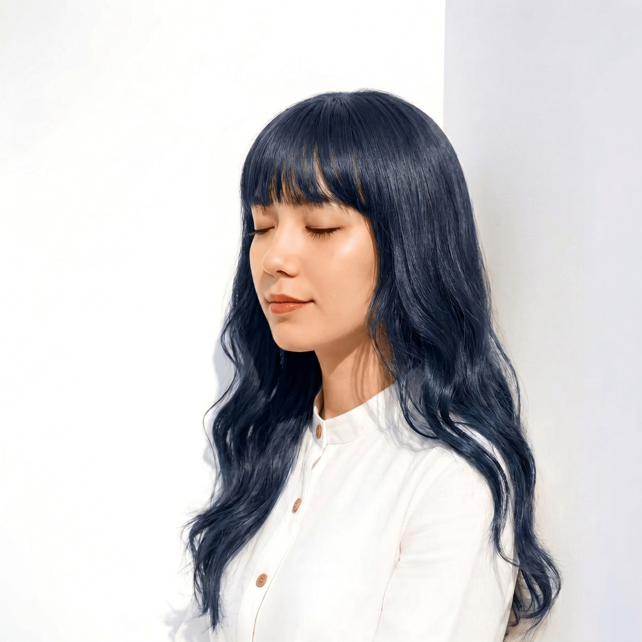 4. ブルーアッシュ×ロングヘア: 深みのある色で上品な立体感を演出