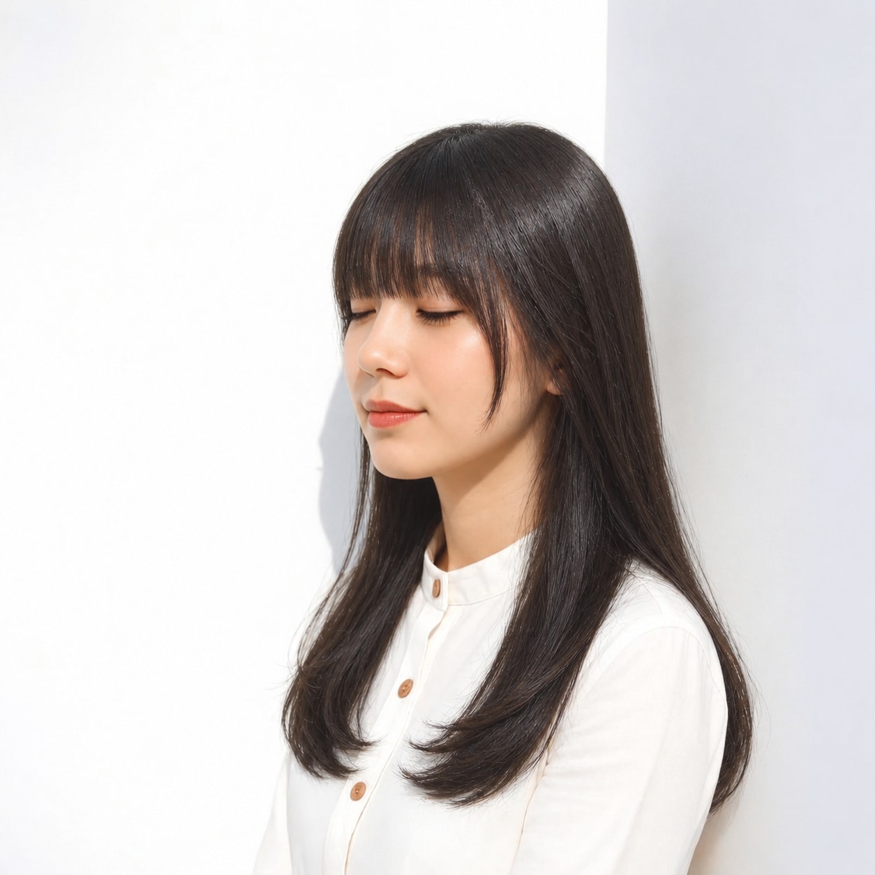 2. フルバング × 黒髪ロング：目元を印象的に見せる
